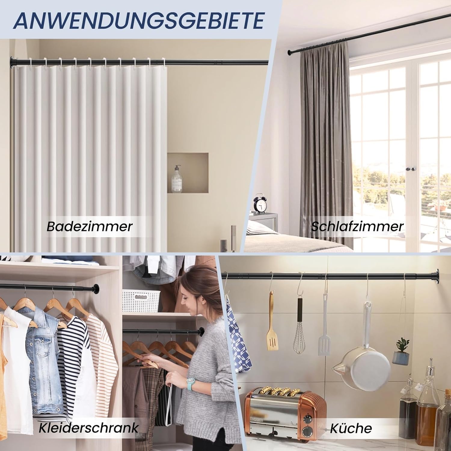 Asta per Tenda Da Doccia in Acciaio Inox, Non Necessita Di Forature E Ruggine, Regolabile, Colore Nero, Telescopica, per Bagno, Finestre O Porte (74-138 Cm)