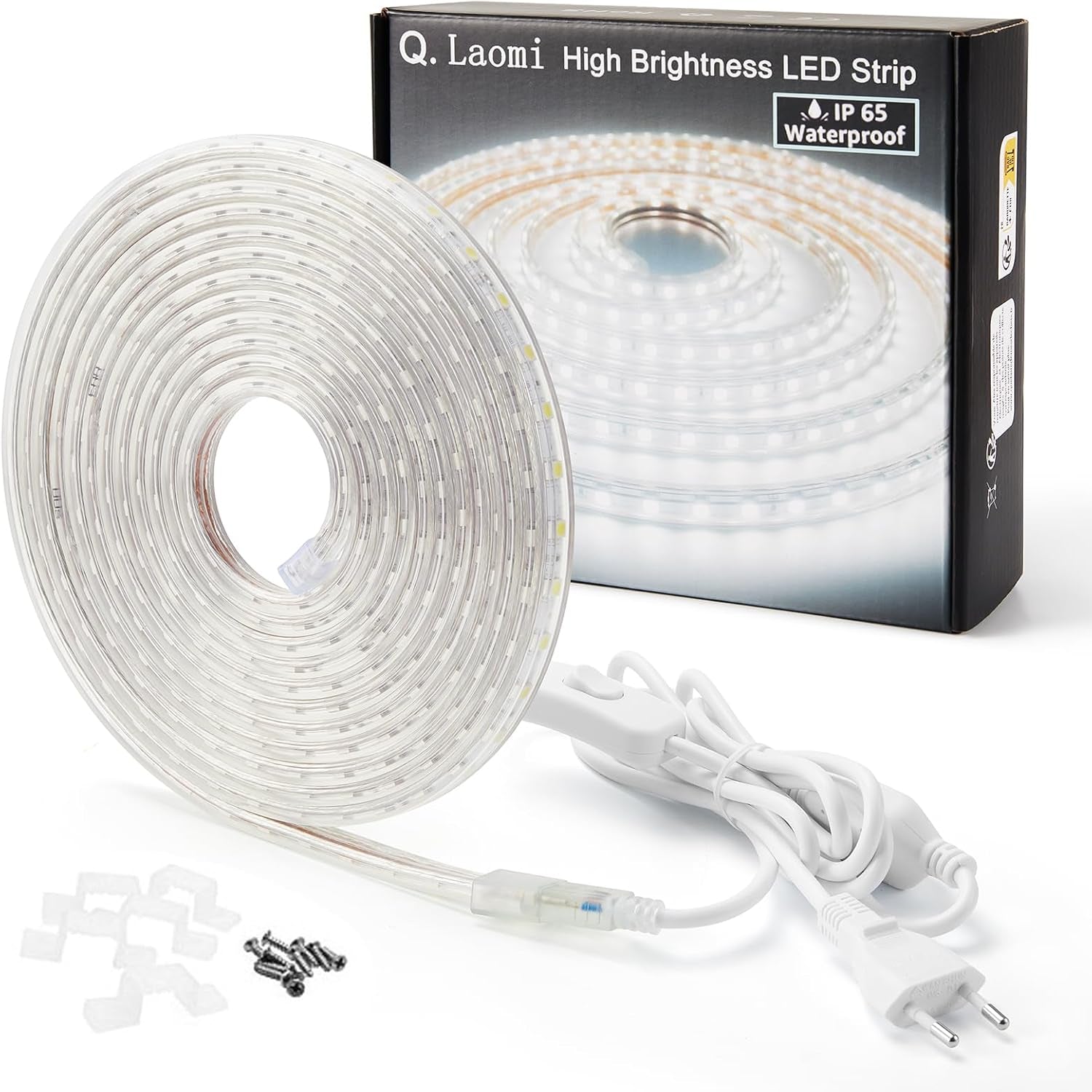 Striscia LED Con Interruttore, Striscia LED 220V Senza Trasformatore, Impermeabile IP65 LED Striscia Adesiva Strip LED, 5M, Bianco