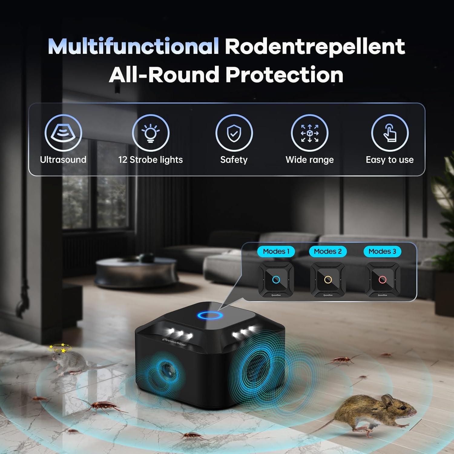 Mouse Ultrasonico E Topi a 360° Dispositivo a Ultrasuoni,3 Marce Ultrasuoni Repellente Ultrasuoni Dissuasore anti Topi, Ultrasuoni Zanzare Repellente Con 12 Luci Stroboscopiche E PIR