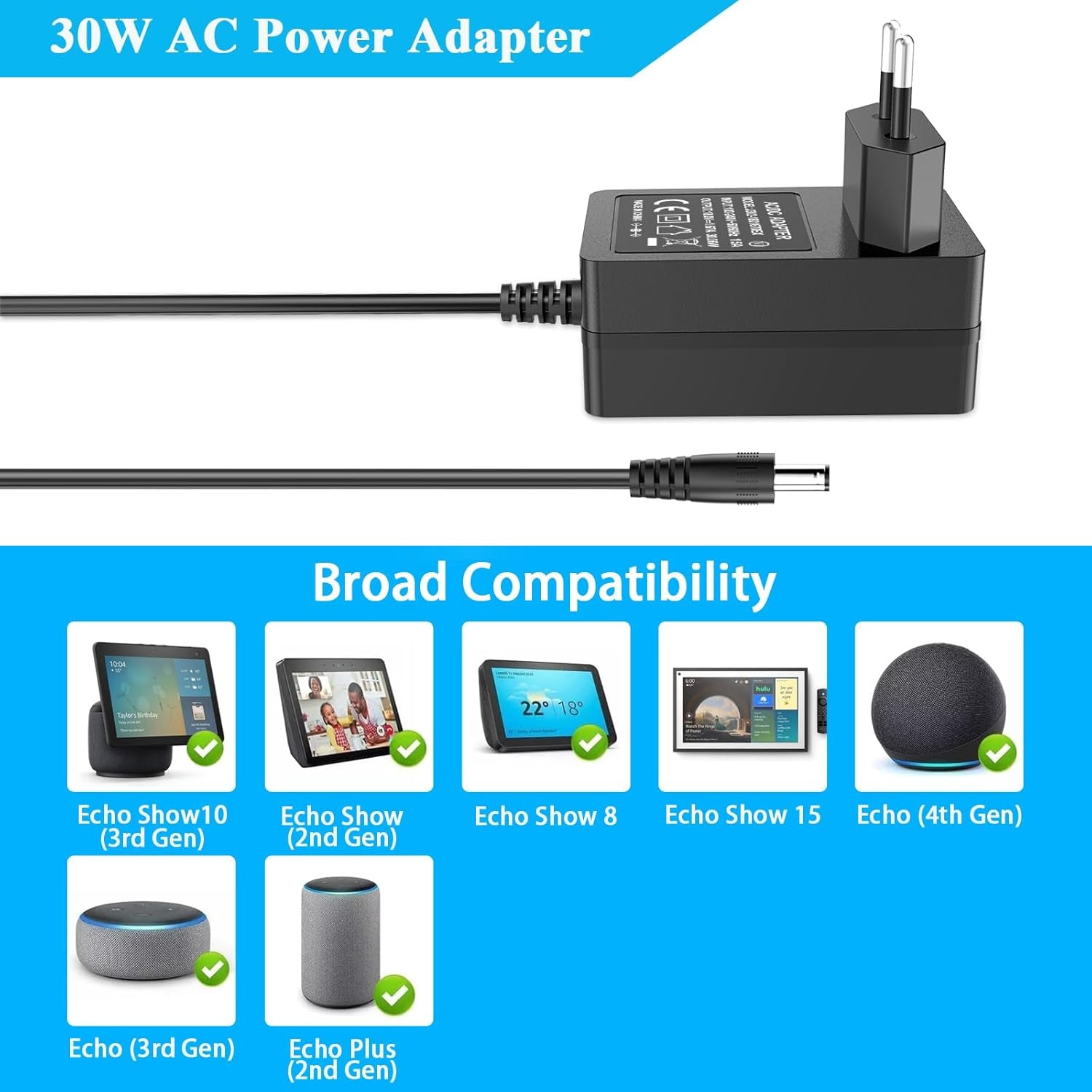 Cavo Di Alimentazione 30W per Echo (4A Generazione), Echo (3A Generazione), Echo Show 15, Echo Show 10 (3A Generazione), Echo Show (2A Generazione), Echo Show 8 Ed Echo plus (2A Generazione)