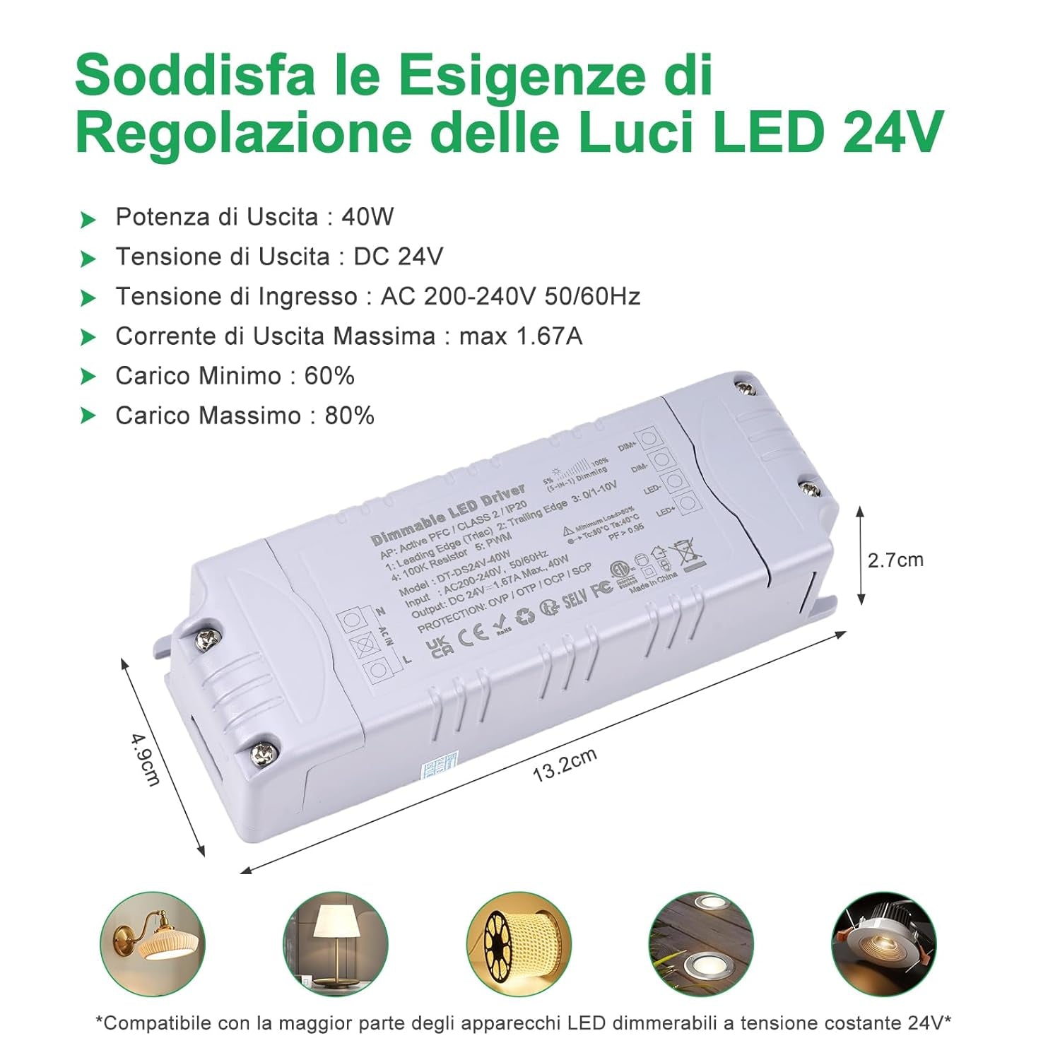 Trasformatore LED 24V 40W Dimmerabile, Triac & 0-10V&1-10V & PWM & Resistenza Da 100K, Alimentatore 24V 1.66A Di Tensione Costante, Driver LED AC 220V to DC Trasformatori Di Bassa Tensione