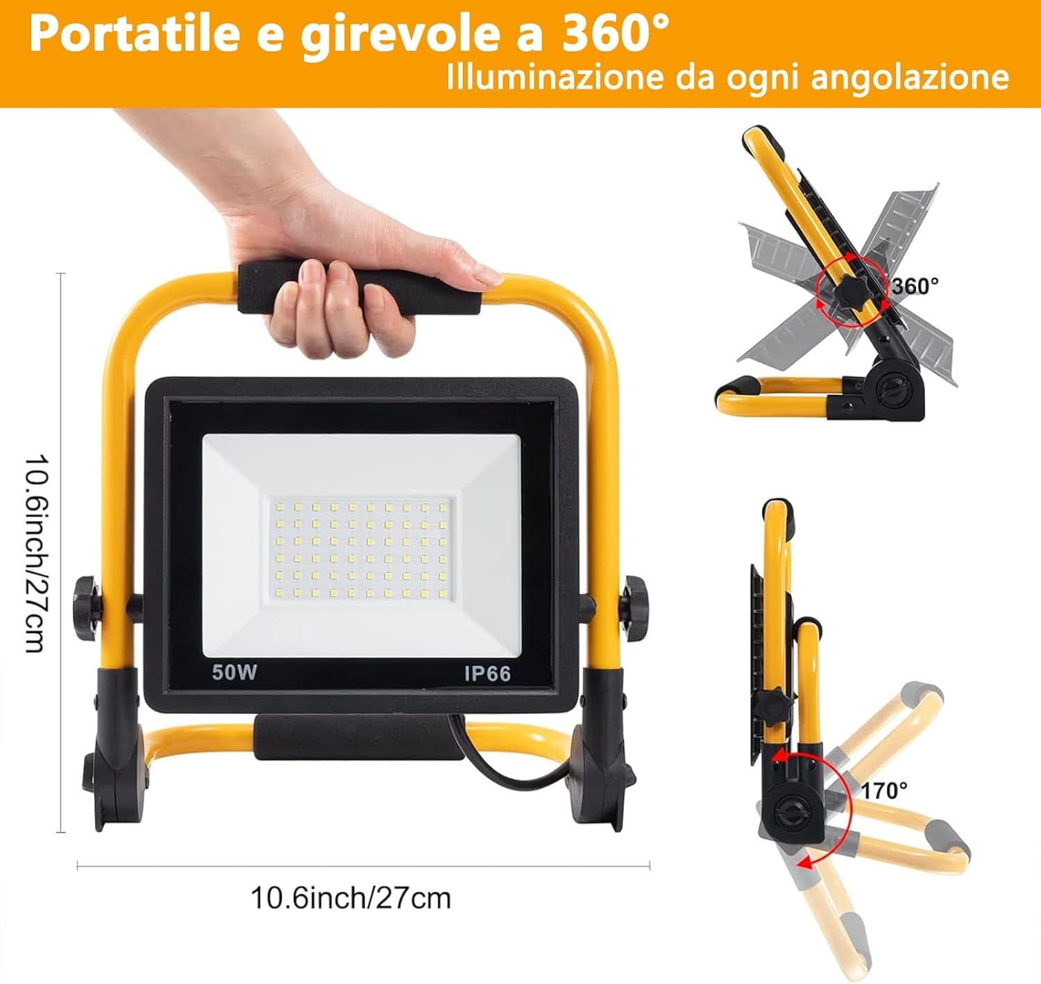 Faretto LED Da Cantiere 50W, 5000 LM, Super Luminoso Faro LED Con Spina, IP66 Impermeabile, 4 Metri Di Filo, Portatile, per Riparazioni Auto, Officina, Campeggio, Garage, 6500 K