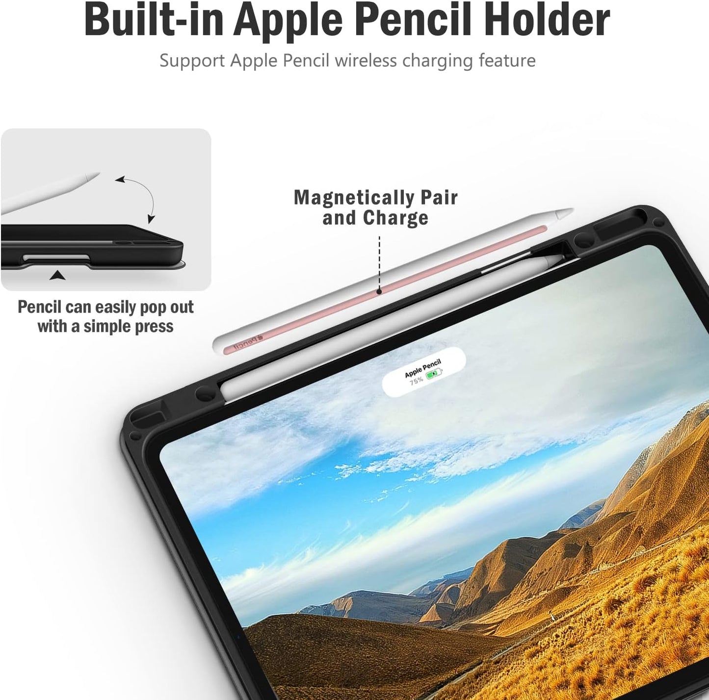 Custodia per Ipad Pro 12,9 Pollici 2022/2021/2020/2018 (6ª/5ª/4ª/3ª Generazione) in Pelle PU Con Portapenne, Auto Sveglia/Sonno, Supporta La Ricarica Di Pencil 2ª Gen (Nero)