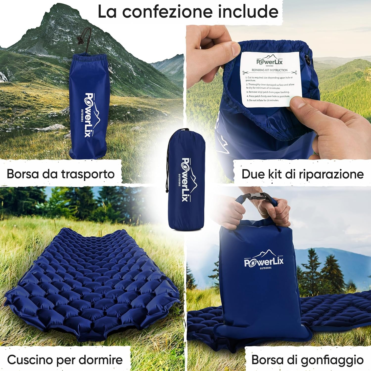 Materassino Campeggio Ultraleggero Ideale per Campeggio, Escursionismo, All'Aperto, Materasso Gonfiabile Compatto E Leggero - Airpad, Kit Di Riparazione Borsa per Il Trasporto