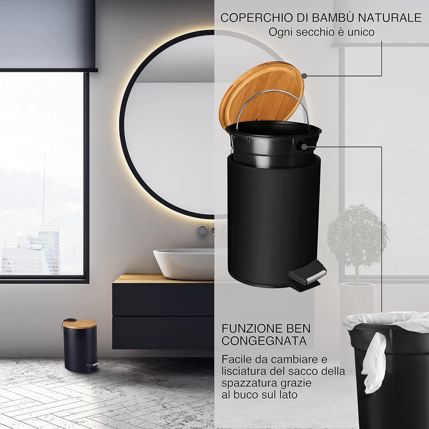 Pattumiera per Cosmetici 3L in Nobile Design Nero/Cestino Spazzatura Con Chiusura Automatica/Cestino Elegante per Il Bagno Con Contenitore Interno E Coperchio in Legno Di Bambù