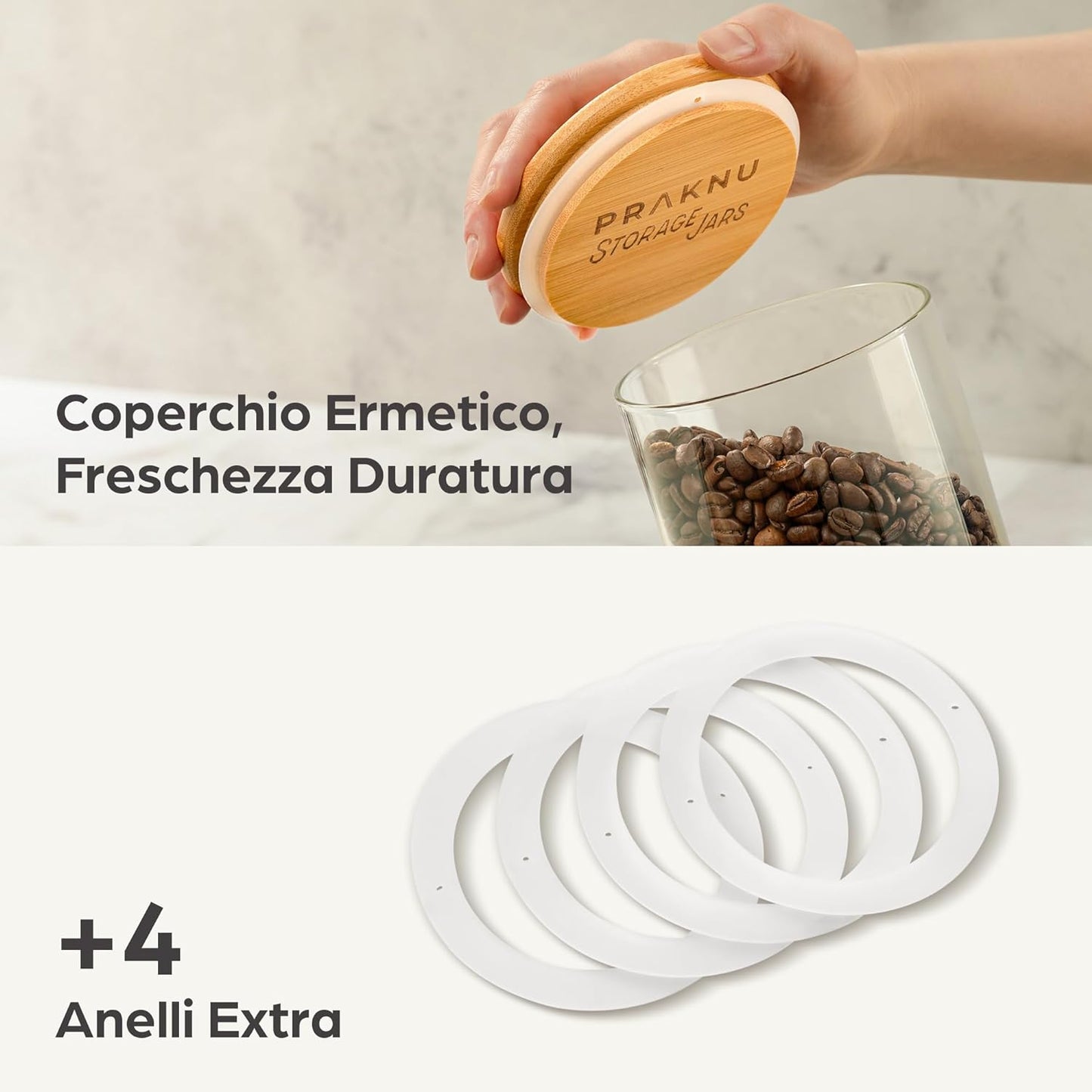 4 Barattoli Di Cucina in Vetro Con Coperchio in Bambù - Lavabili in Lavastoviglie - 1200Ml Contenitore Pasta Grande