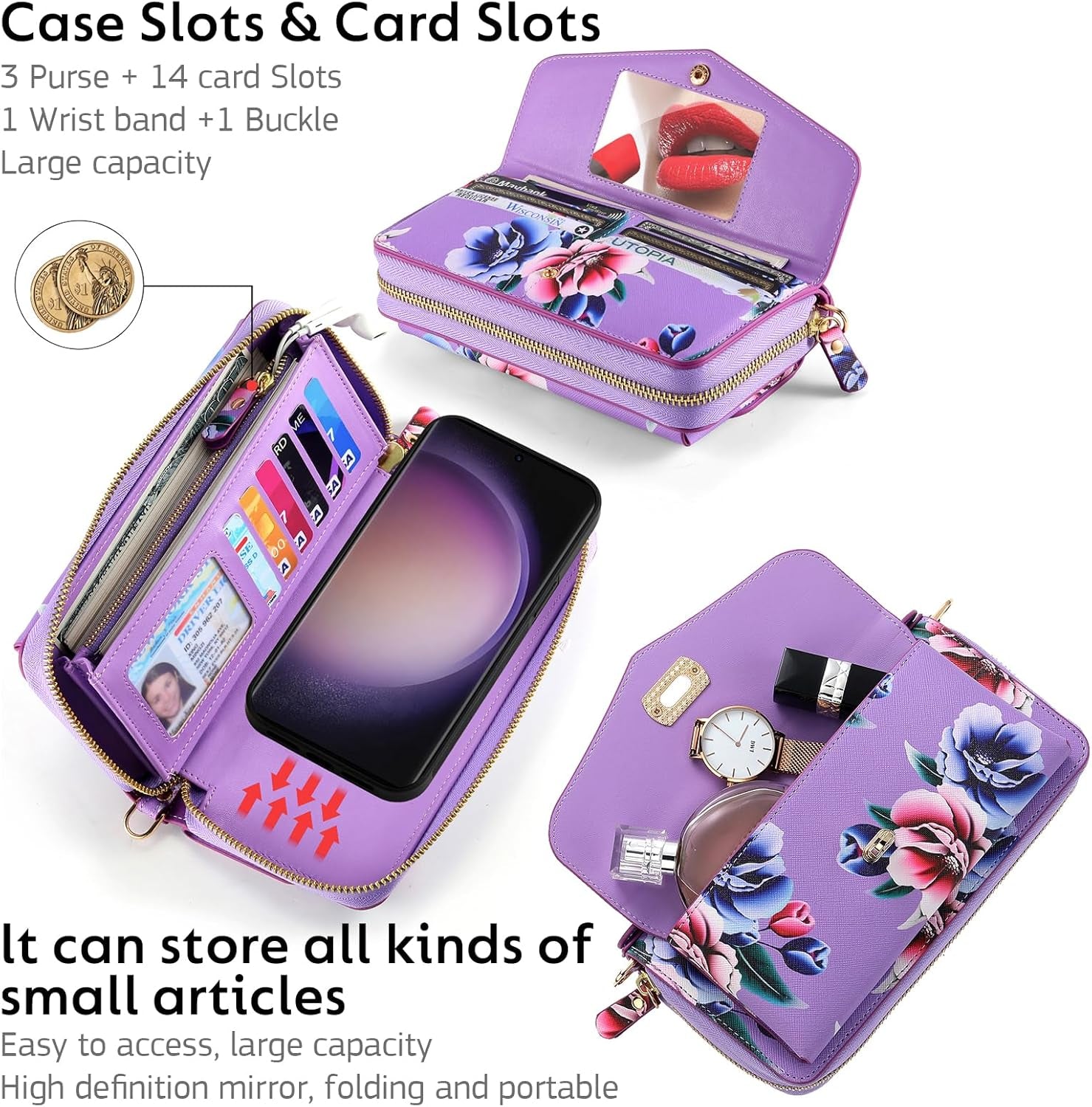 Custodia a Portafoglio per Galaxy S23 Ultra, in Pelle PU Di Alta Qualità, Slot per Schede, Chiusura Magnetica, Custodia Protettiva RFID per Samsung Galaxy S23 Ultra Da 6,8 Pollici, Viola