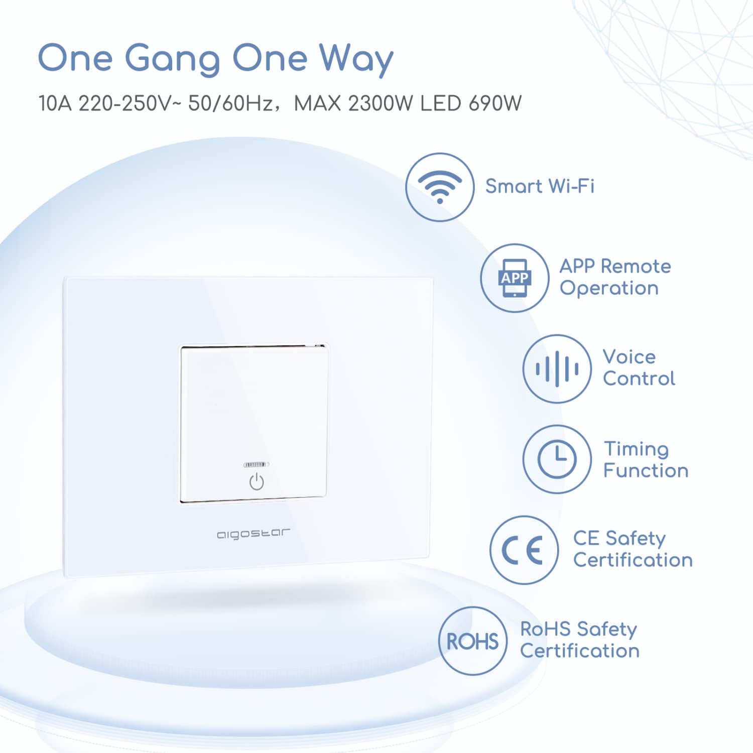 Interruttore Wifi Alexa, Interruttore Intelligente, Smart Switch Controllo Vocale, One Gang One Way Switch,Max.2300W LED 690W, Bianco 1 Unità.