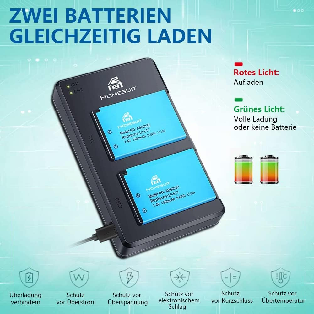 Confezione Da 2 Batterie LP-E17 E Caricatore Doppio USB Rapido per Canon Rebel SL3, SL2, T8I, T7I, T6I, T6S, EOS R10, R50, R8, RP, M3, M5, M6, 200D, 77D, 750D, 760D, 800D, 8000D