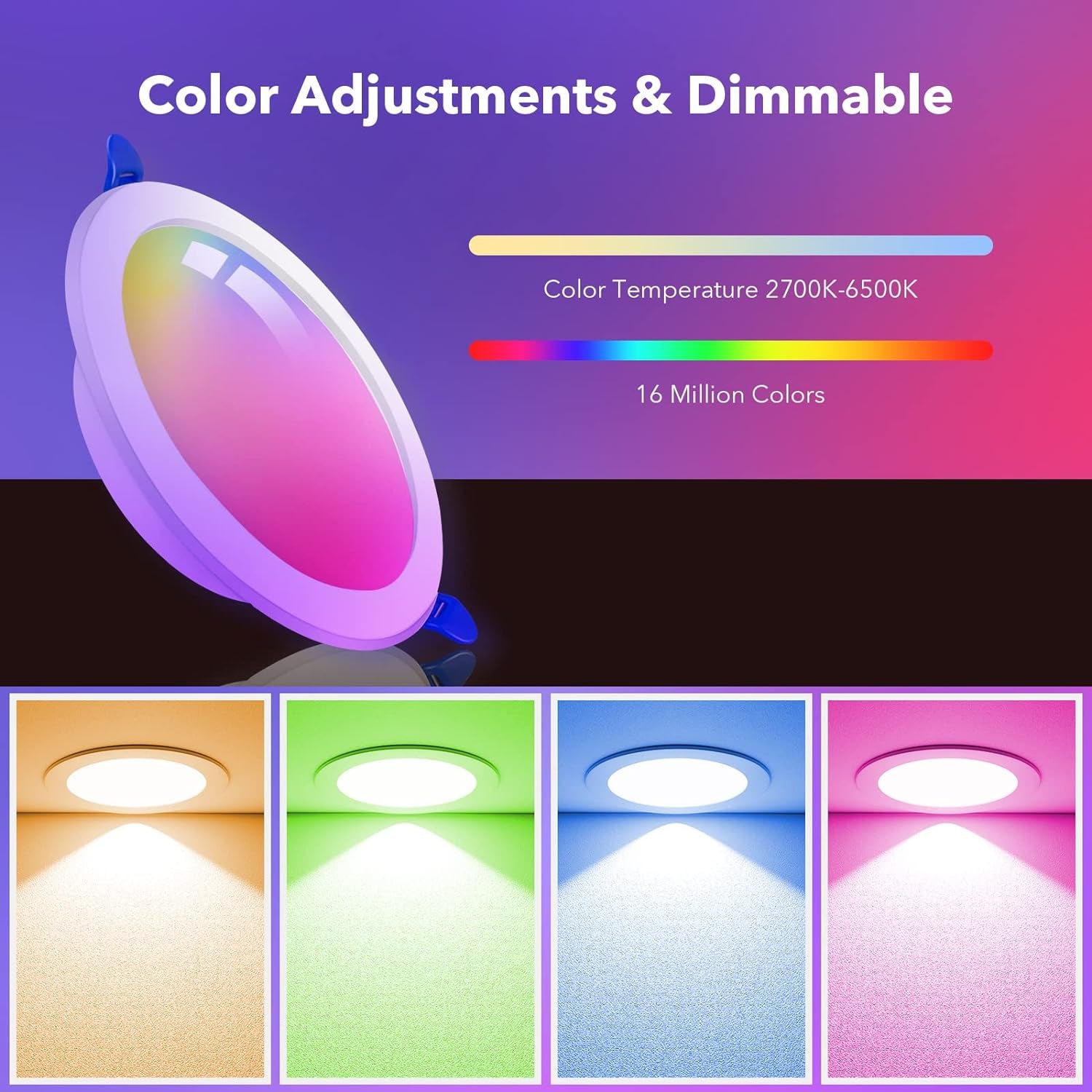 Faretti Alexa Led Da Incasso,7W 500LM Compatibili Con Alexa E Google Home, Multicolore RGBCW LED Dimmerabile, Luci Ultrasottili Faretti Smart Led Da Incasso per Cartongesso, 2 Pezzi