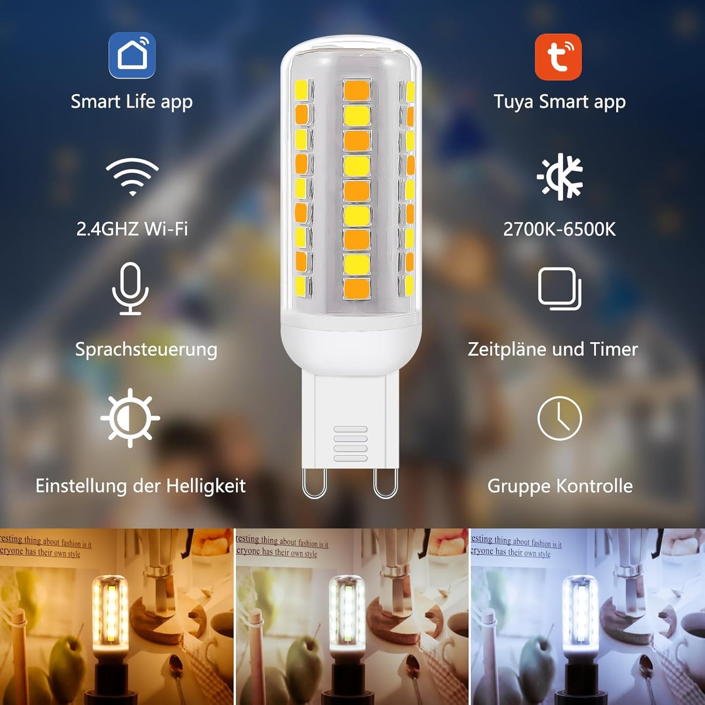 Lampadine LED G9 Intelligenti Wi-Fi, Compatibili Con Alexa /Google Home, AC 230V Stepless Dimmerabile, 2700K-6500K, Luminosità Regolabile 1%-100%, 0,4-4W, 40LM-400LM, Funzione Timer,Confezione Da 2