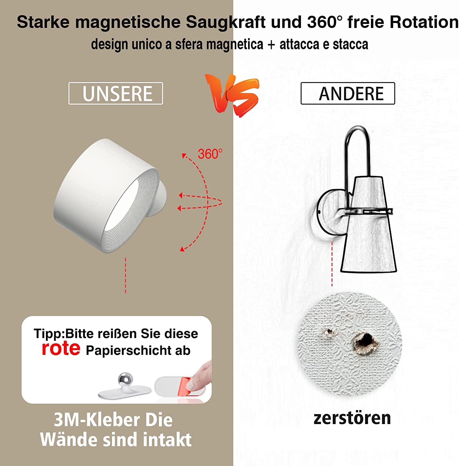 - Lampada Da Parete a LED per Interni, Con Batteria, 1 Pezzo, Controllo Touch, 3 Livelli Di Luminosità, Girevole a 360°, per Soggiorno, Camera Da Letto, Scale, Corridoio, Lampada Wireless