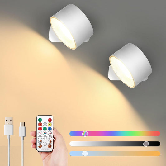 Dimmerabile Lampada a Parete Magnetica Interno LED Applique Da Parete Con Batterie Controllo Remoto E Controllo Tattile a 360 ° Rotante RGB Wireless a 3 Colori Temperatura (Bianco 2PCS)