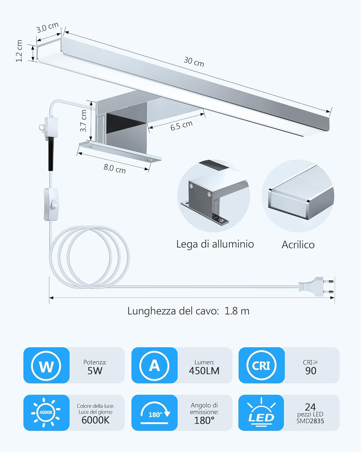 LED Lampada Da Specchio Bagno 30Cm 5W Bianco Freddo 6000K, Lampada Da Bagno Impermeabile IP44,CRI＞80 Adatto a Trucco, Luce Specchio Bagno Cablato E Wireless,Lampada per Bagno, Armadio, Parete