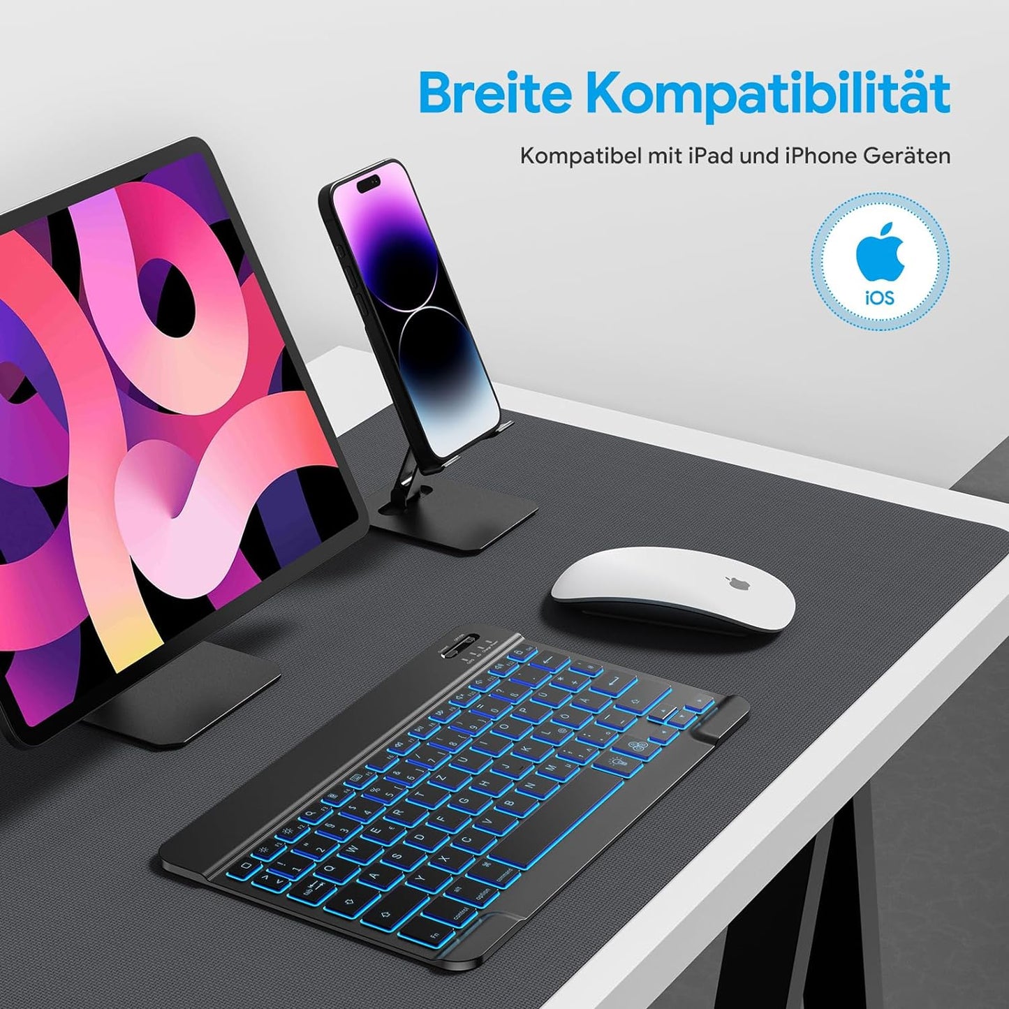 Tastiera Wireless per Ipad, Tastiera Bluetooth Ricaricabile Con Ipad Air/Ipad Pro/Mini/Ipad 10.9/Iphone, Ultra Sottile, [7 Colori Illuminati], Layout QWERTZ, Tastiera Ipad