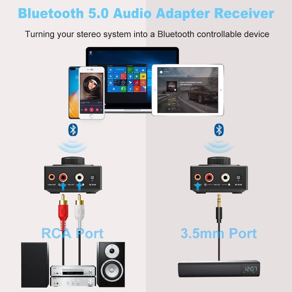 Ricevitore Bluetooth 5.3 Hifi Audio per Impianto Stereo, 3.5Mm RCA Jack, Portata Wireless Di 100 Piedi, Adattatore Aux per Tablet/Smartphone/Pc/Laptop/Cuffie