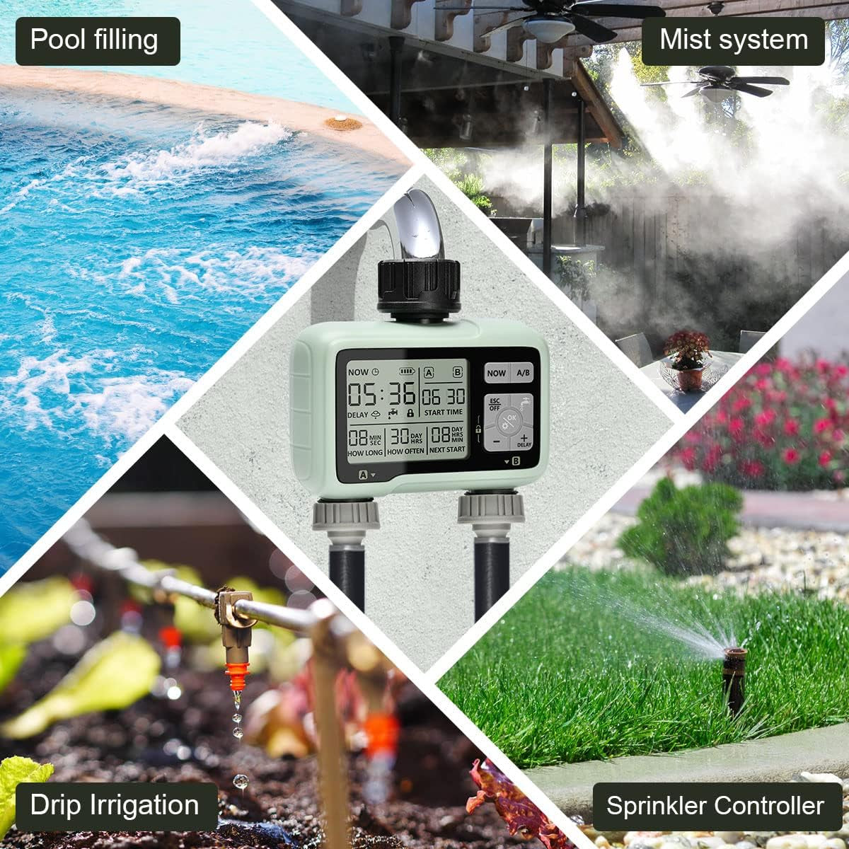 Computer per L'Irrigazione Con 2 Uscite Controllate in Modo Indipendente, Timer Digitale per L'Acqua  Con Display LCD, Controller per L'Irrigazione Automatica/Manuale