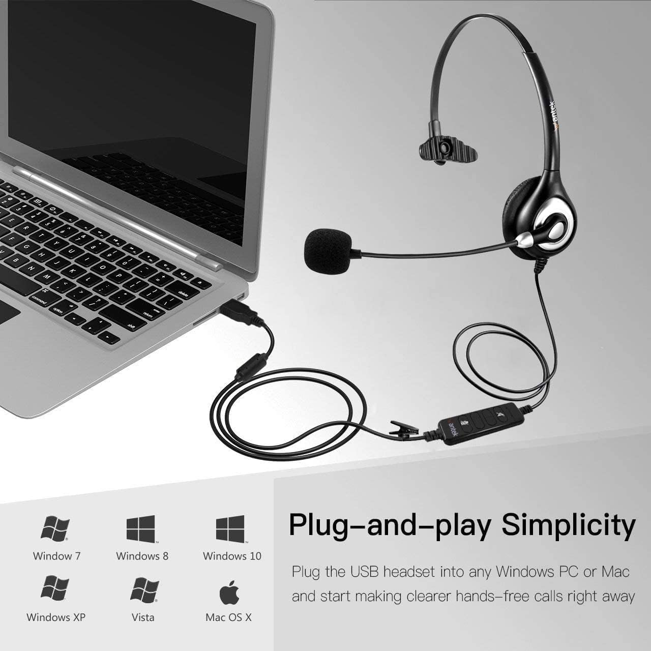 601N Cuffie Mono Con Microfono E Cavo Di Cancellazione Del Rumore per Call Center Computer Computer Portatili Tablet Conferenza Online Gaming Musica Skype Team Studio Online