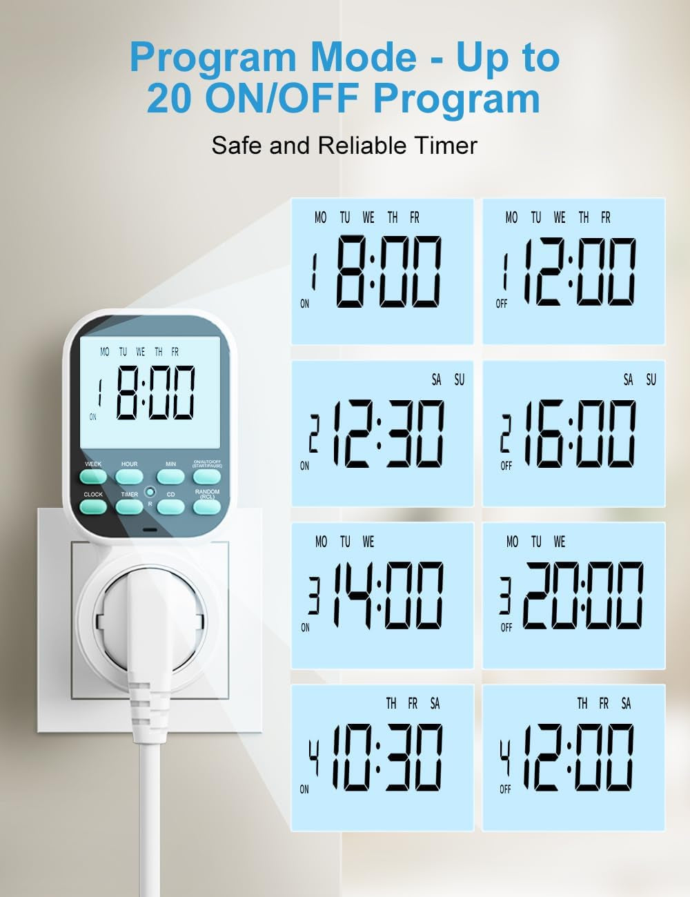 Presa Temporizzata Elettronica Digitale, Spina Timer Programmabile Con Ampio Display LCD, Retroilluminazione, Modalità Casuale Antifurto, Presa Timer per Elettrodomestici, Risparmia Energia, 2 Pezzi