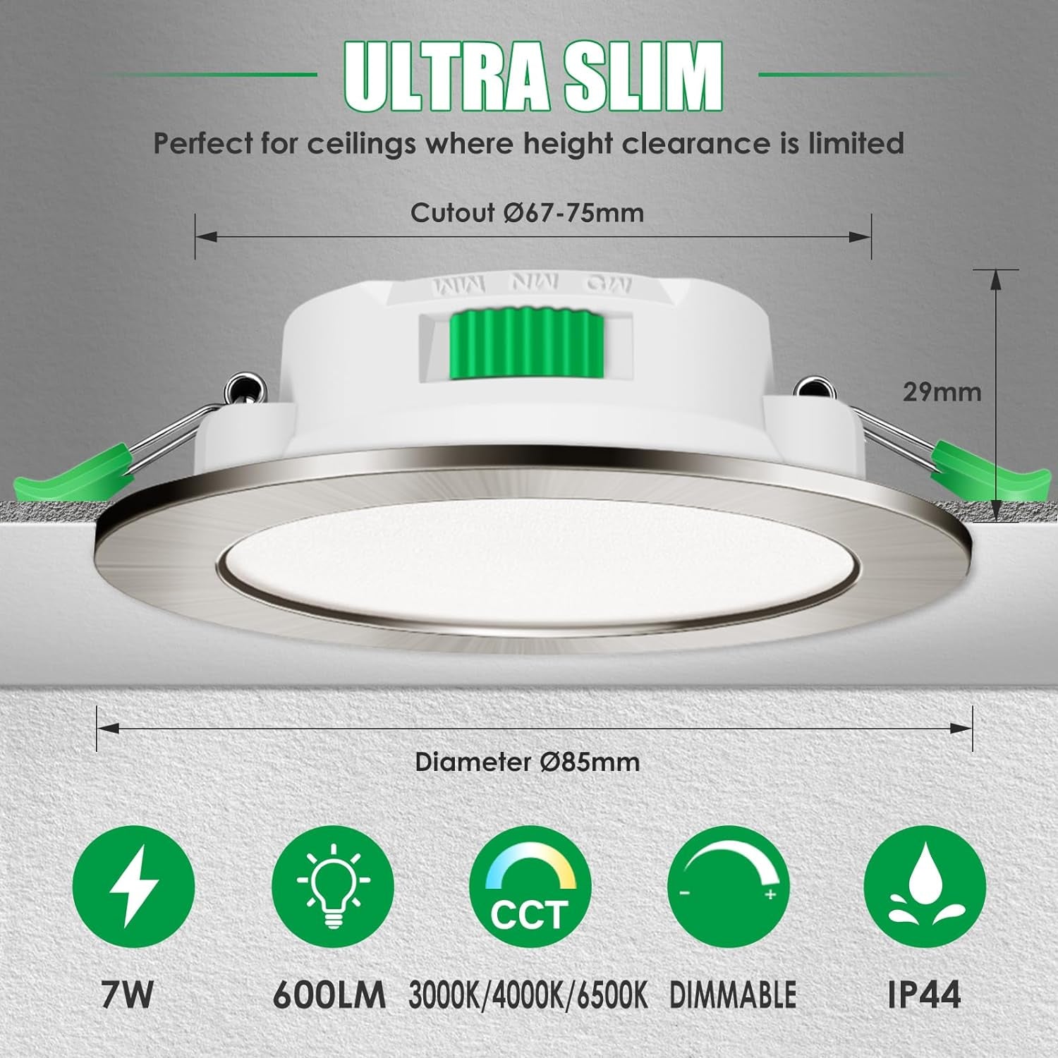 Faretti LED Da Incasso per Cartongesso Dimmerabili, Ultrasottili 7W IP44 3000K 4000K 6500K Faretti LED Soffitto, AC 220-240V, Diametro Foro Ø67-75Mm, Rotondo Nichel Spazzolato, Set Di 6
