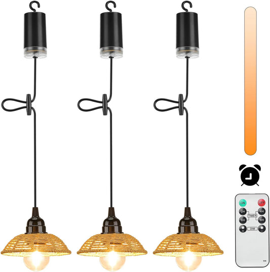3 Pezzi Lampadario Rattan Da Esterno a Batteria IP54 Impermeabile Lampada Rattan Da Gazebo Lampada a Sospensione Da Esterno Lampade Sospensione Lampadario Rattan Da Soffitto Camera Letto