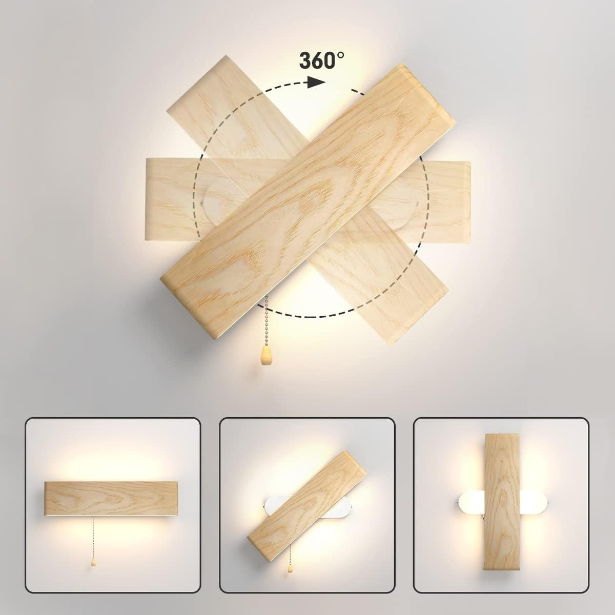 Applique Da Parete LED, Lampada Da Parete Interno Con Interruttore in Legno 360° Girevole LED Applique per Soggiorno Camera Da Letto Corridoio Bianca Calda Lampada a Muro (32Cm)
