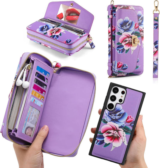 Custodia a Portafoglio per Galaxy S23 Ultra, in Pelle PU Di Alta Qualità, Slot per Schede, Chiusura Magnetica, Custodia Protettiva RFID per Samsung Galaxy S23 Ultra Da 6,8 Pollici, Viola