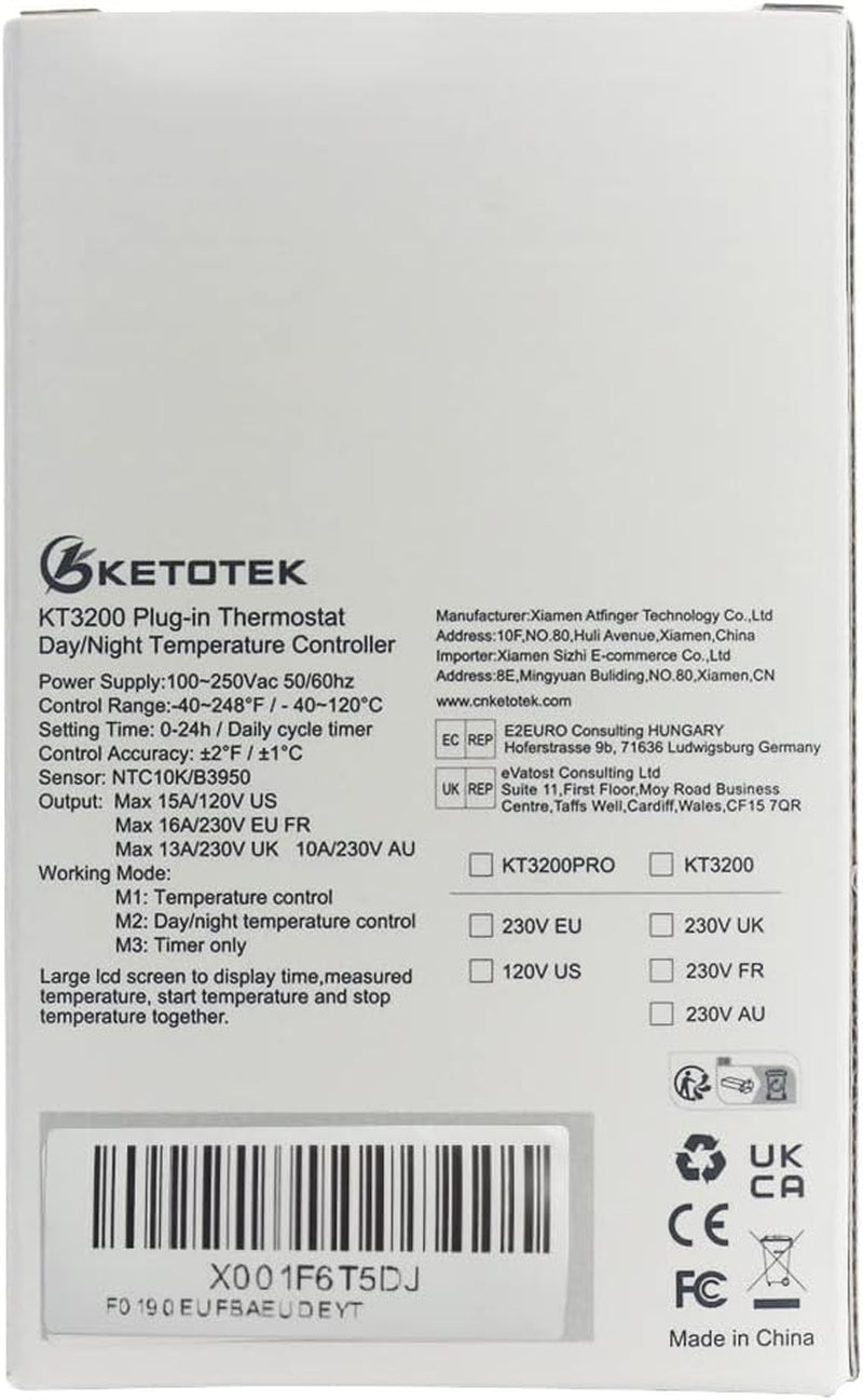 KT3200 Digitale Presa per Termostato Spina Con Timer Regolatore Di Temperatura Giorno Notte Con Sensore 3M Presa Di Corrente Termoregolatore Riscaldamento Raffreddamento per Serra Rettili