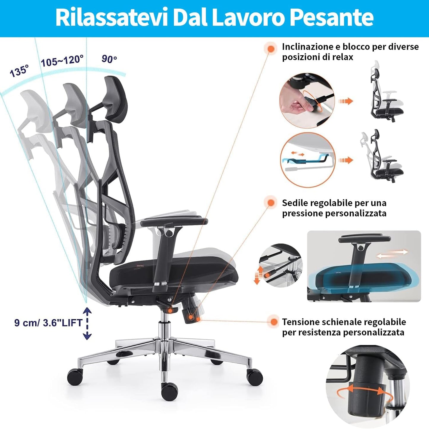 Sedia Ergonomica Da Ufficio Con Schienale Adattivo, Sedia Da Scrivania per Computer Con Braccioli 4D, Profondità Di Sedile Regolabile, Supporto Lombare E Poggiatesta 2D, Sedia Da Girevole