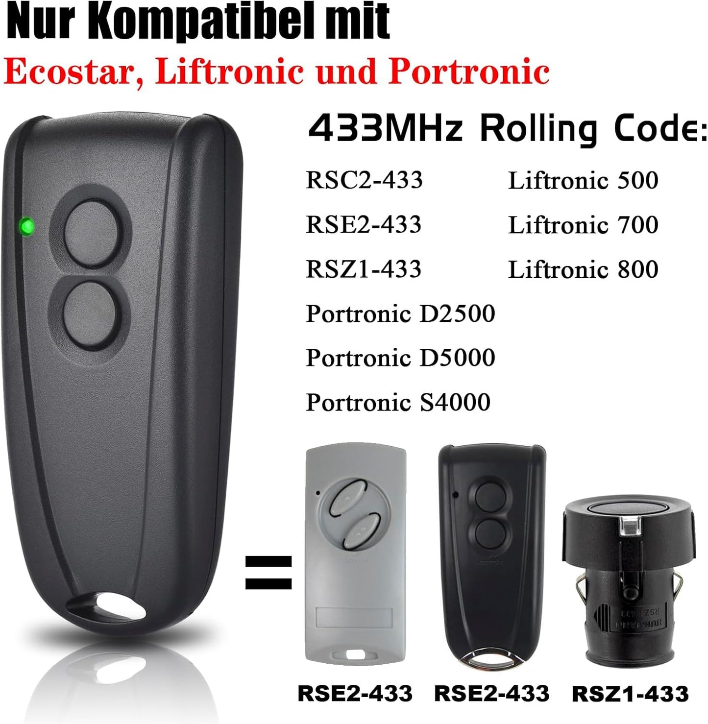 433,92 Mhz Apri Porta Garage per Hörmann Ecostar RSE2, RSC2, Telecomando per Porta Del Garage, 2 Trasmettitori Manuali per Hormann Liftronic 500/700/800 E Portronic D2500/D5000/S4000