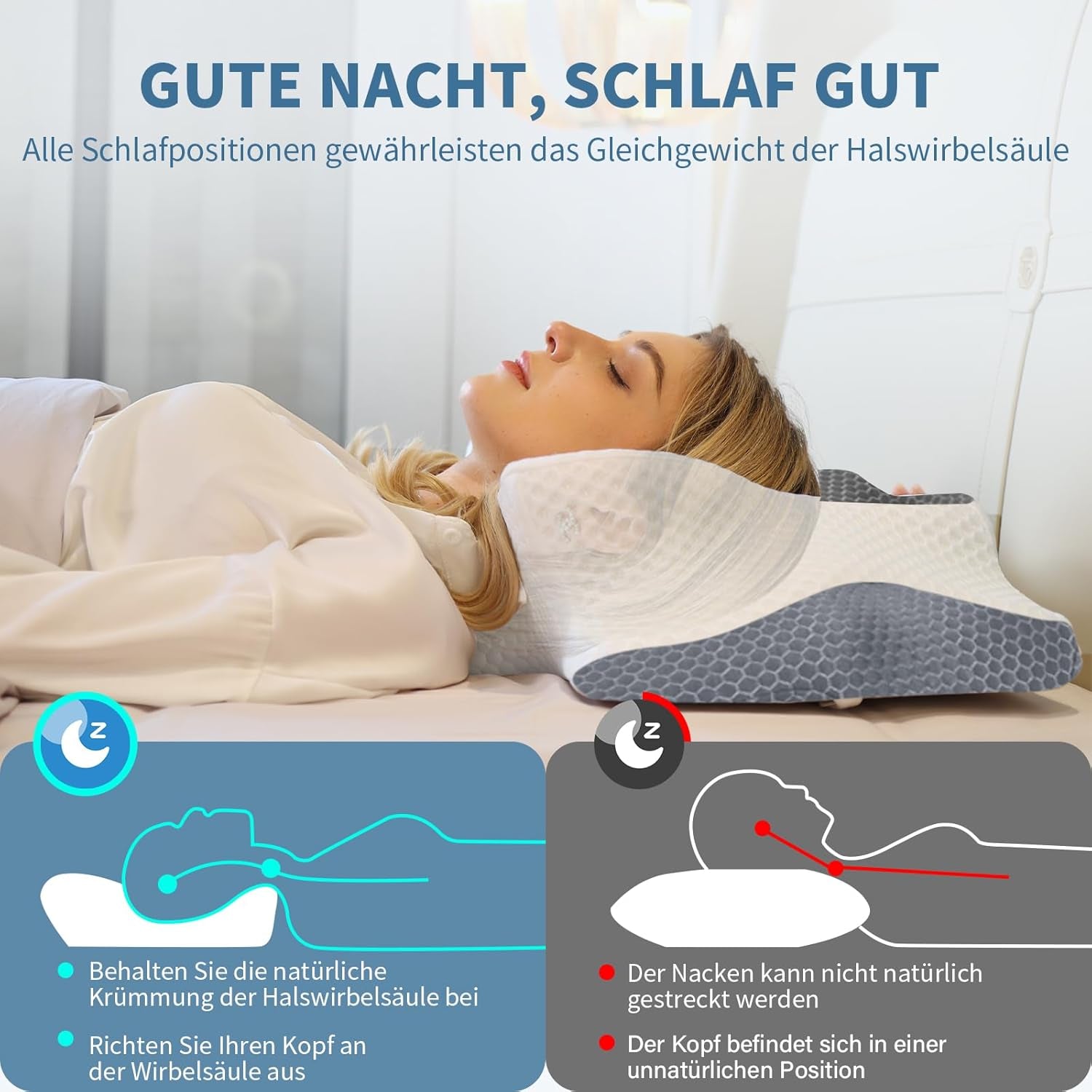Cuscino Cervicale per Dormire Cuscino Memory Foam, Cuscino per Cervicale Ergonomico Di Sostegno per Il Dolore Al Collo E Alle Spalle Con Federa in Seta Di Ghiaccio