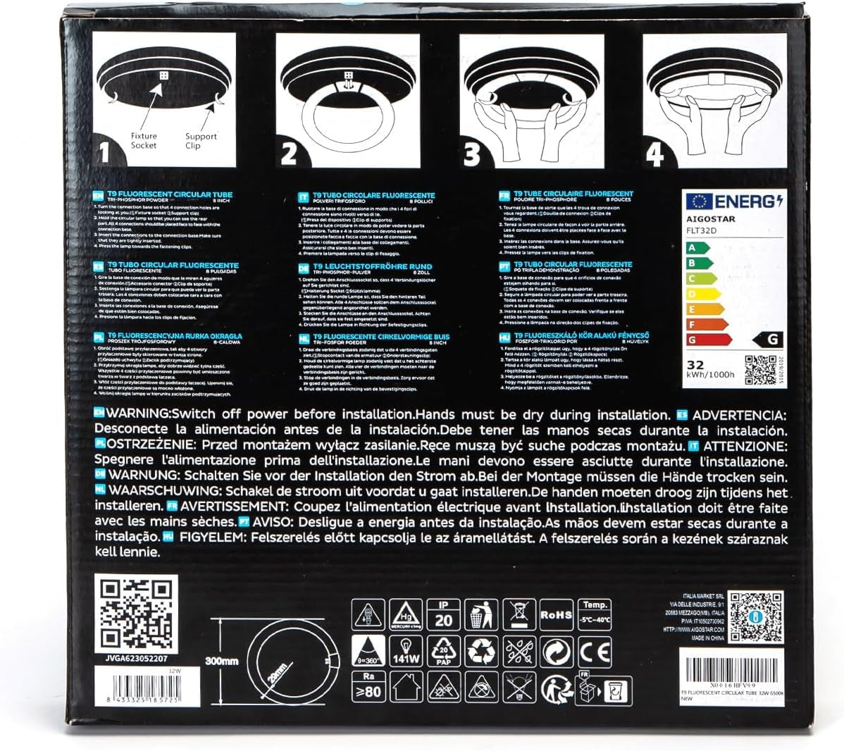 - T9 Lampadina Fluorescente Attacco G10Q, 32W 2100Lm 30Cm, Luce Bianca Fredda 6500K, Circolare, Vetro.