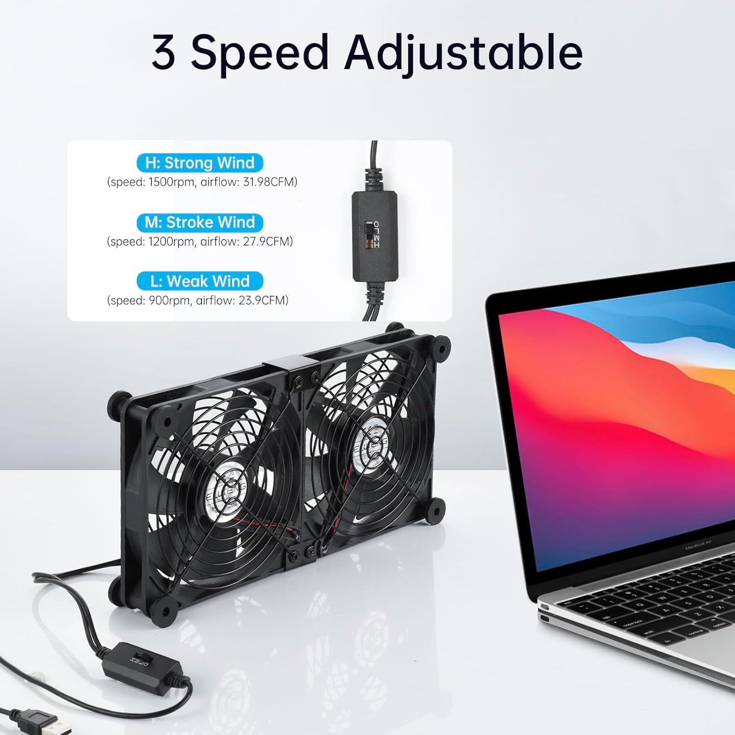 Ventola USB Da 140 Mm 5 V 2 in 1 Con 3 Velocità Regolabili, Ventola Doppia per PC USB Da 140 Mm per Computer Con 8 Piedini Ammortizzanti per PS5 Ps4/Laptop/Tv Box/Router