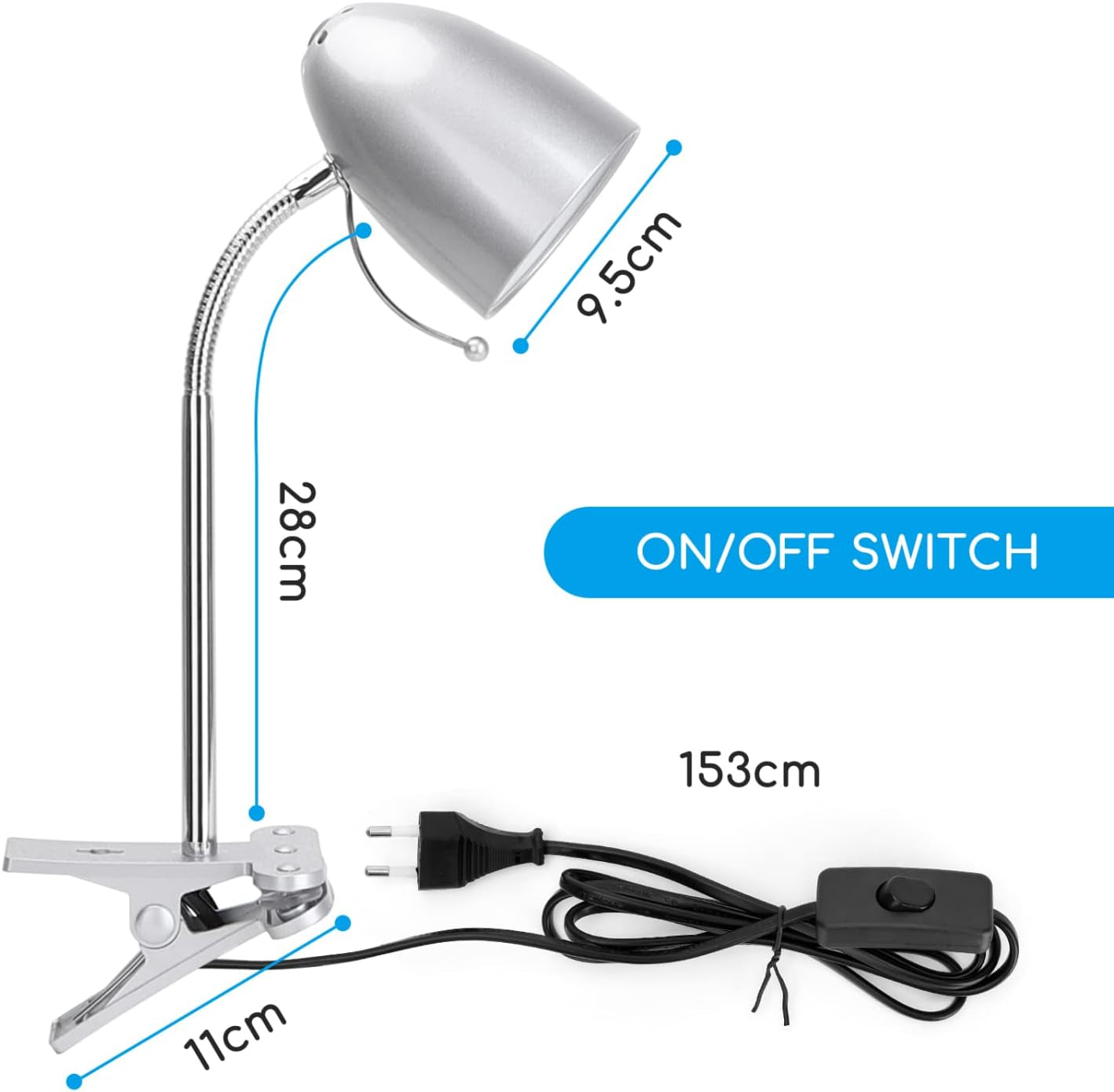 Lampada Da Lettura Con Pinza， Lampada Da Scrivania Vintage Con Clip，Compatibile Con LED Lampadinea a Modello E27，Max. 11W，Lampadina Non Inclusa，Con Metallo Braccio Regolabile E Cavo，Argento