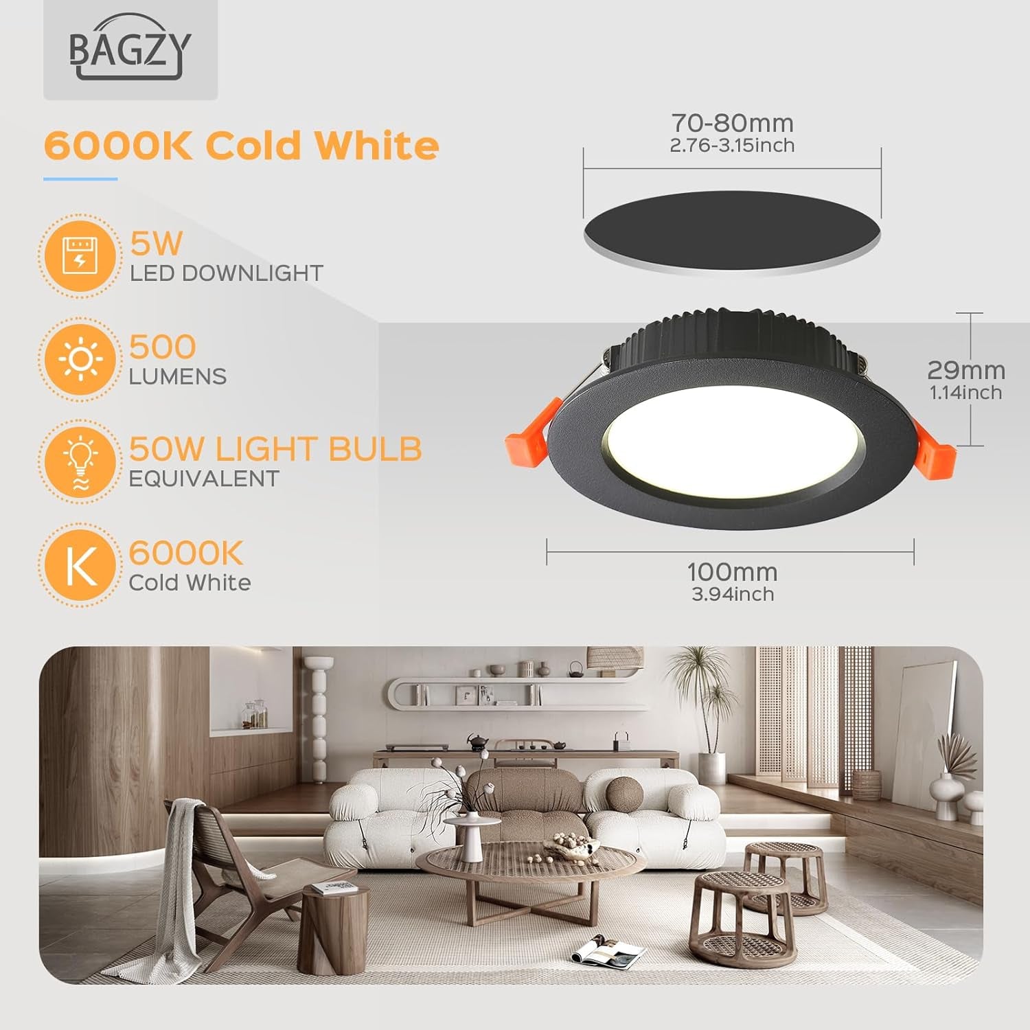 5X Faretti LED Da Incasso per Cartongesso,5W Luci Ultrasottili Da Soffitto E per L’Illuminazione Da Interno Ip44,Bianco Freddo 6000K,500 Lumen,Ac 220-240V,Foro Incasso 70-80Mm(Nero)