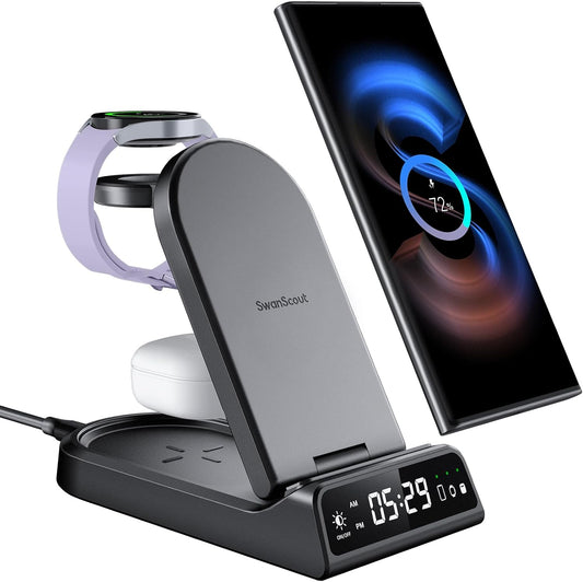 Caricatore Wireless per Samsung, 4 in 1 Stazione Di Ricarica Pieghevole per Samsung Galaxy S24 Ultra/S23 Ultra/S22/Z Flip 5, Base Ricarica Wireless per Galaxy Watch 6/5/4, Buds 2/Pro