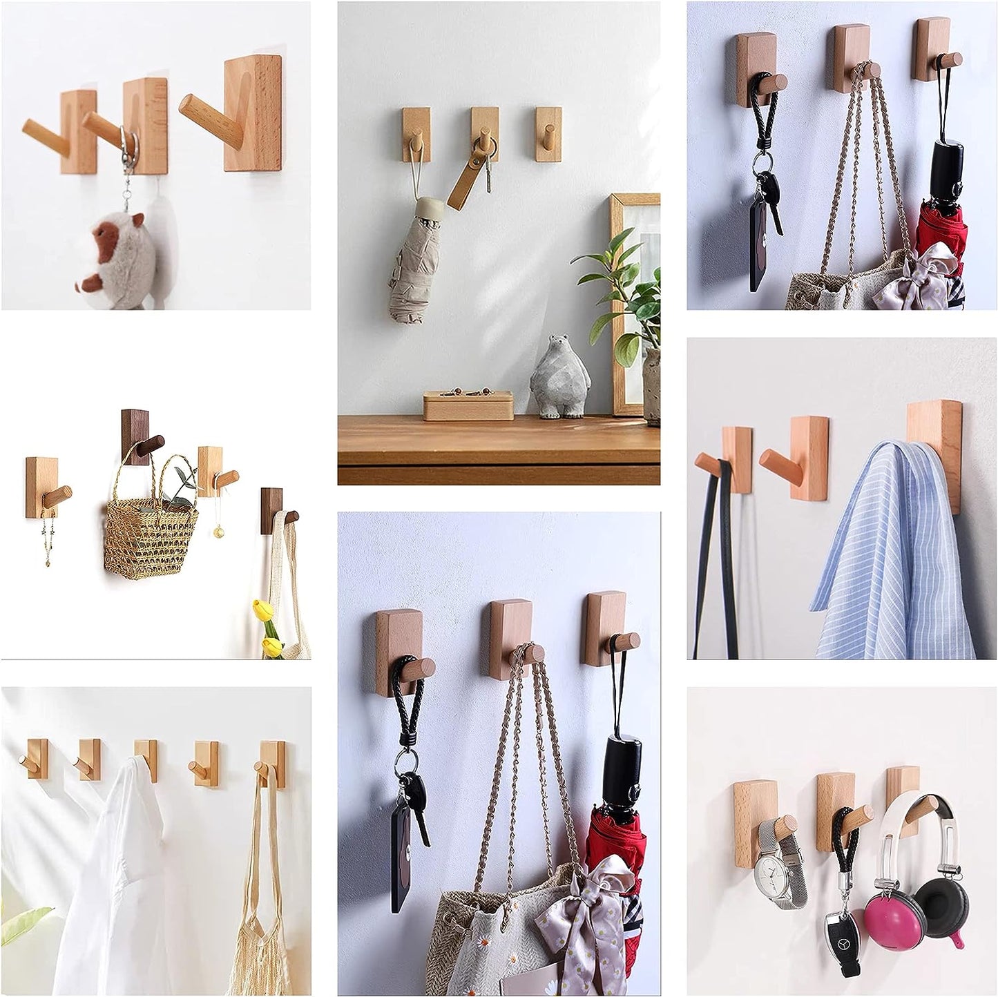 Confezione Da 4 Ganci Autoadesivi Da Parete in Legno, Appendiabiti Decorativi in Legno, Ganci in Legno, Ganci per Cappelli (Rettangolo Faggio- 8 Pezzi)