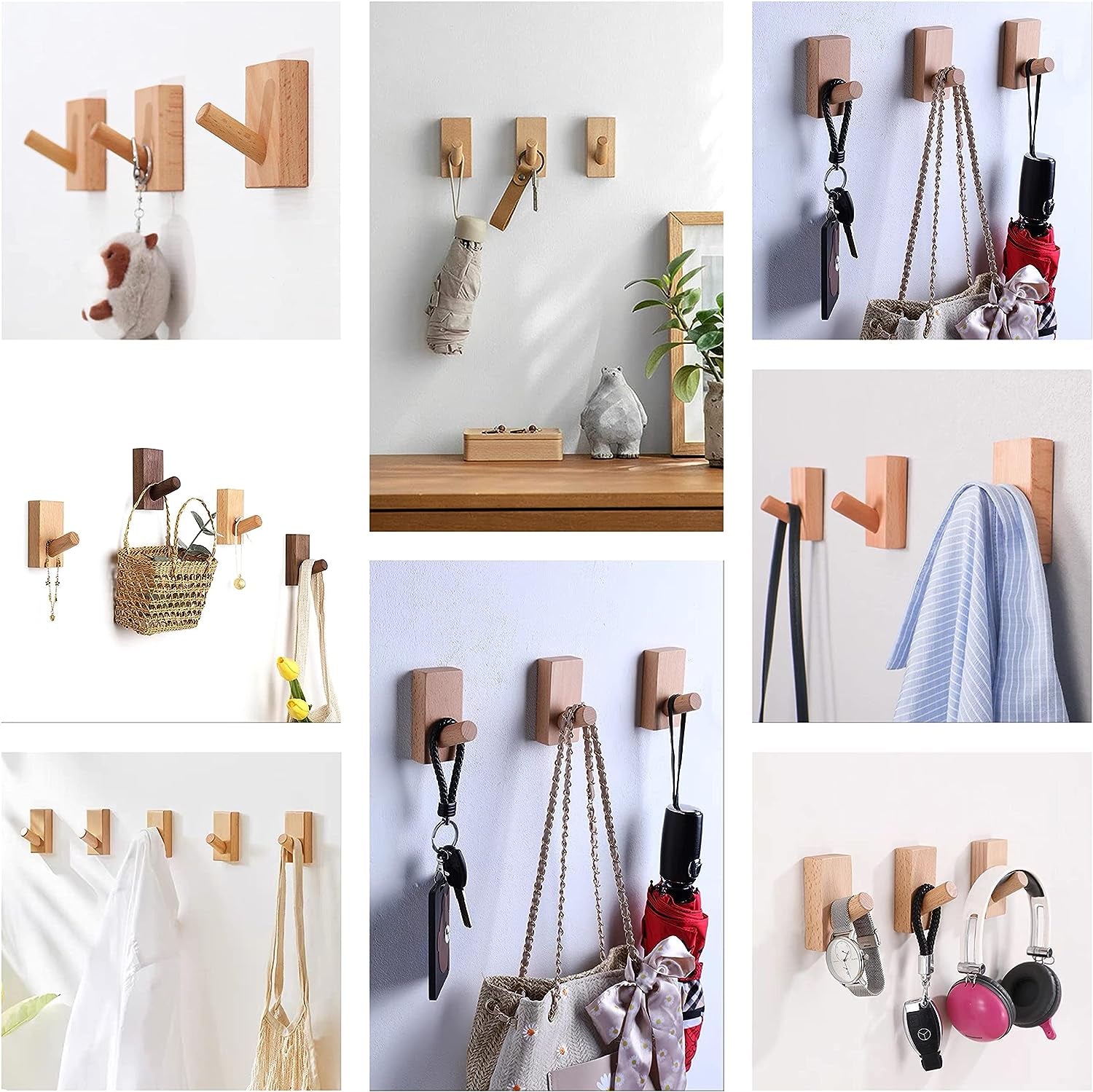 Confezione Da 4 Ganci Autoadesivi Da Parete in Legno, Appendiabiti Decorativi in Legno, Ganci in Legno, Ganci per Cappelli (Rettangolo Faggio- 8 Pezzi)