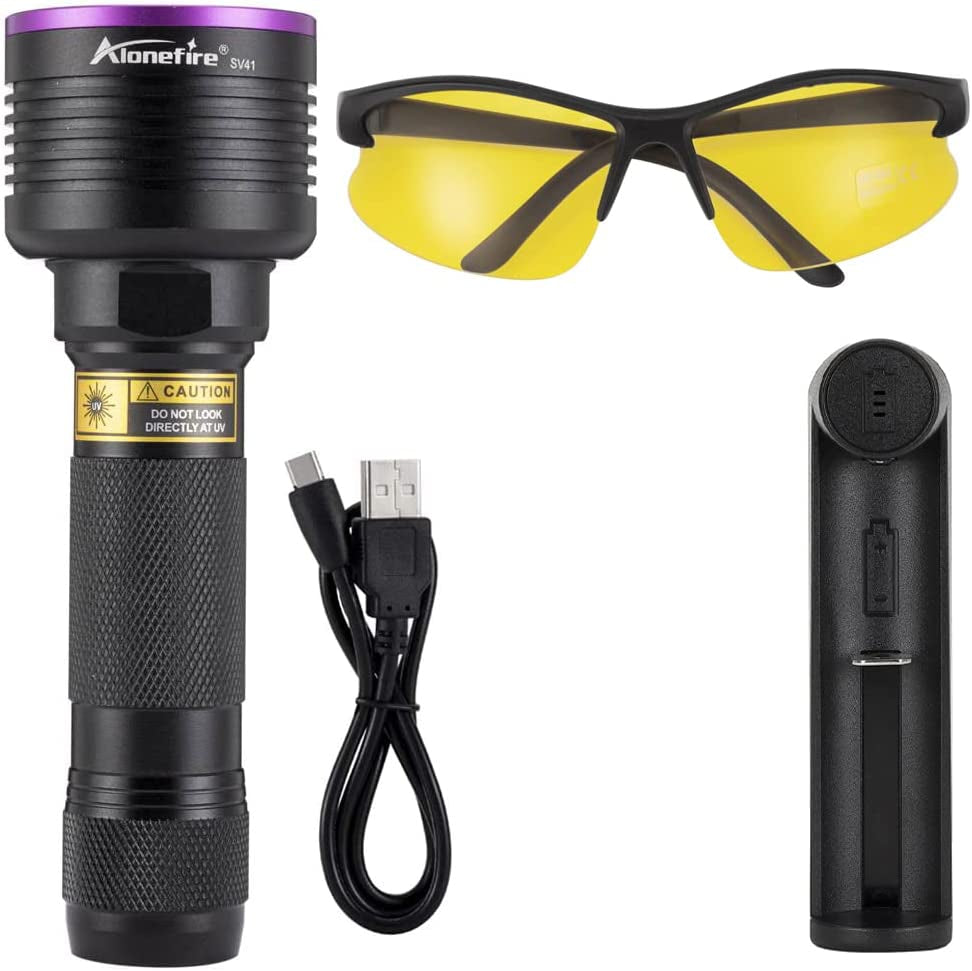 SV41 395Nm Torcia UV Professionale 10W Ricaricabile Ultravioletti Luce Nera Rileva Urina per Resina, Pesca, Fluorescina, Scorpioni, Colla Con Occhiali Protettivi UV, Batteria,Caricabatterie