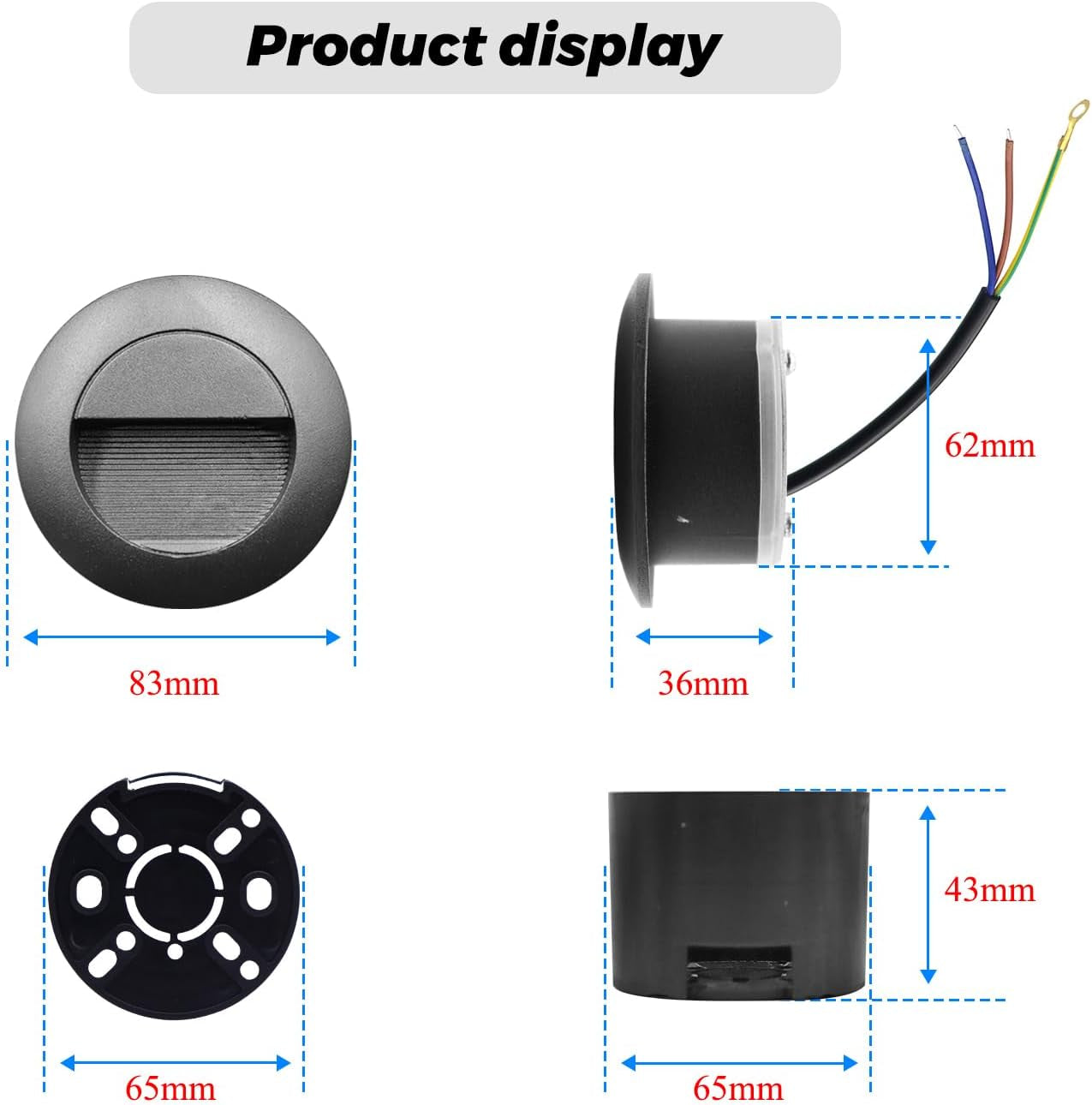 4Er Applique LED Da Incasso per Scale, 3W 3000K Tonde Applique Da Parete, 65Mm Luci Scale Con Scatola Da Incasso Illuminazione Da Parete, IP65 in Alu, per Interno Esterno Scale Giardino, Nero