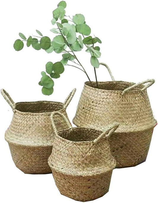 Natural Sea Grass Basket, Goodchanceuk 3Pcs/Set Cestino Di Stoccaggio Con Manico Pieghevole Vaso Appeso Vaso Decorativo in 3 Dimensioni, 20 X 17 Cm/22,5 X 24 Cm/24,5 X 28 Cm