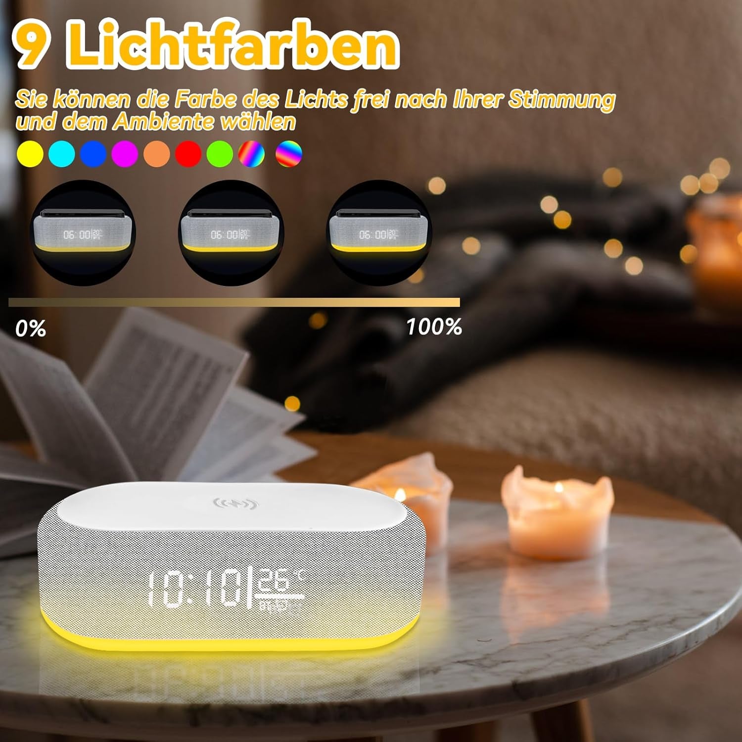 Sveglia Digitale, Sveglia Digitale Bluetooth, Luce Notturna, 9 Colori, Altoparlante Bluetooth, Caricatore Wireless per Iphone/Samsung, Indicatore Di Temperatura LED