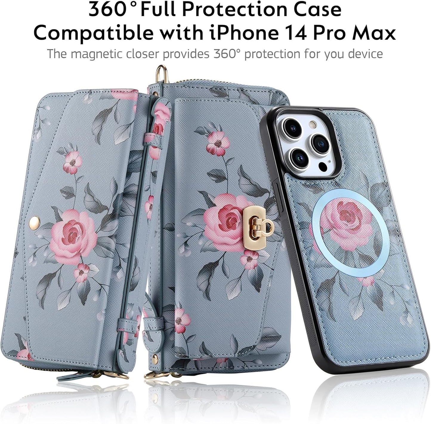 Custodia a Portafoglio per Iphone 14 Pro Max Cover Cellulare [Pelle PU Premium] [Slot per Scheda] [Chiusura Magnetica] Custodia Protettiva RFID Borsa a Tracolla Cover Cellulare - Blu