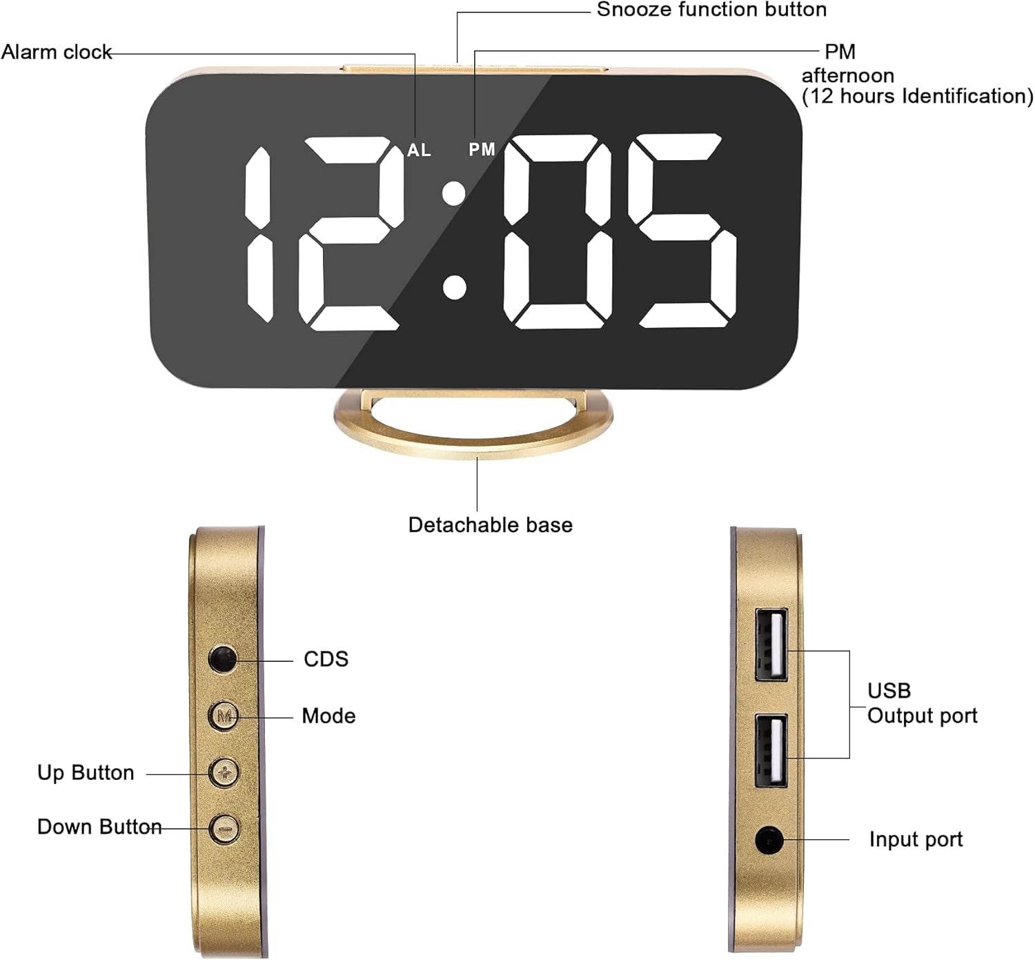 Sveglia Digitale, Elettronica, Grande Display LED a Specchio Portatile Con 2 Porte Di Ricarica USB, Snooze, 12/24 Ore Sveglia Comodino 3 Livelli Di Dimmer-Oro