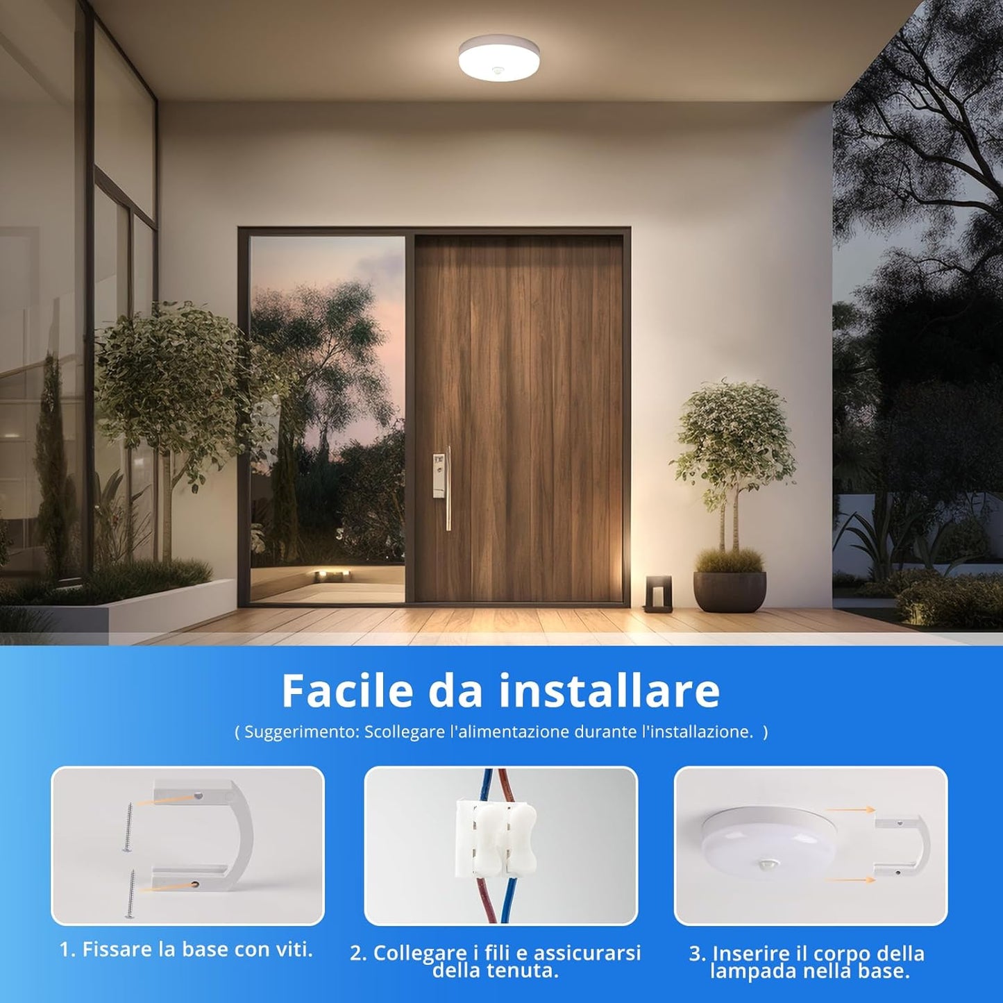 Plafoniera Led Soffitto Con Sensore Di Movimento Con Pir, 15W 1500LM 4000K Bianco Naturale Lampada a LED Rotonda, IP56 Luce Motion Sensor Antipolvere Impermeabile per Cucina Garage.