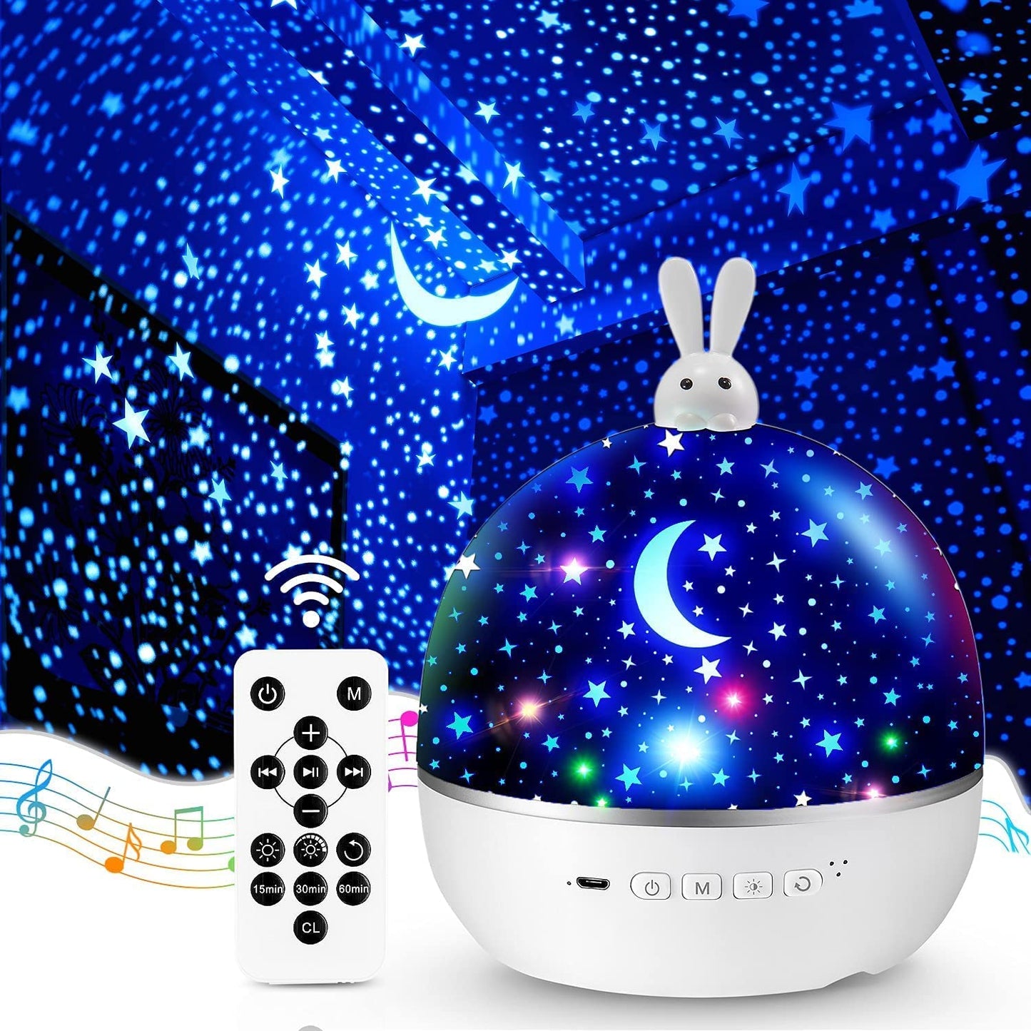 Proiettore Stelle Soffitto Bambini, 15 Films Luce Notturna Bambini, Bluetooth Musica 360° Lampada Proiettore Bambini, USB Ricaricabile Proiettore Soffitto Regalo Bambini Decorazioni Camera