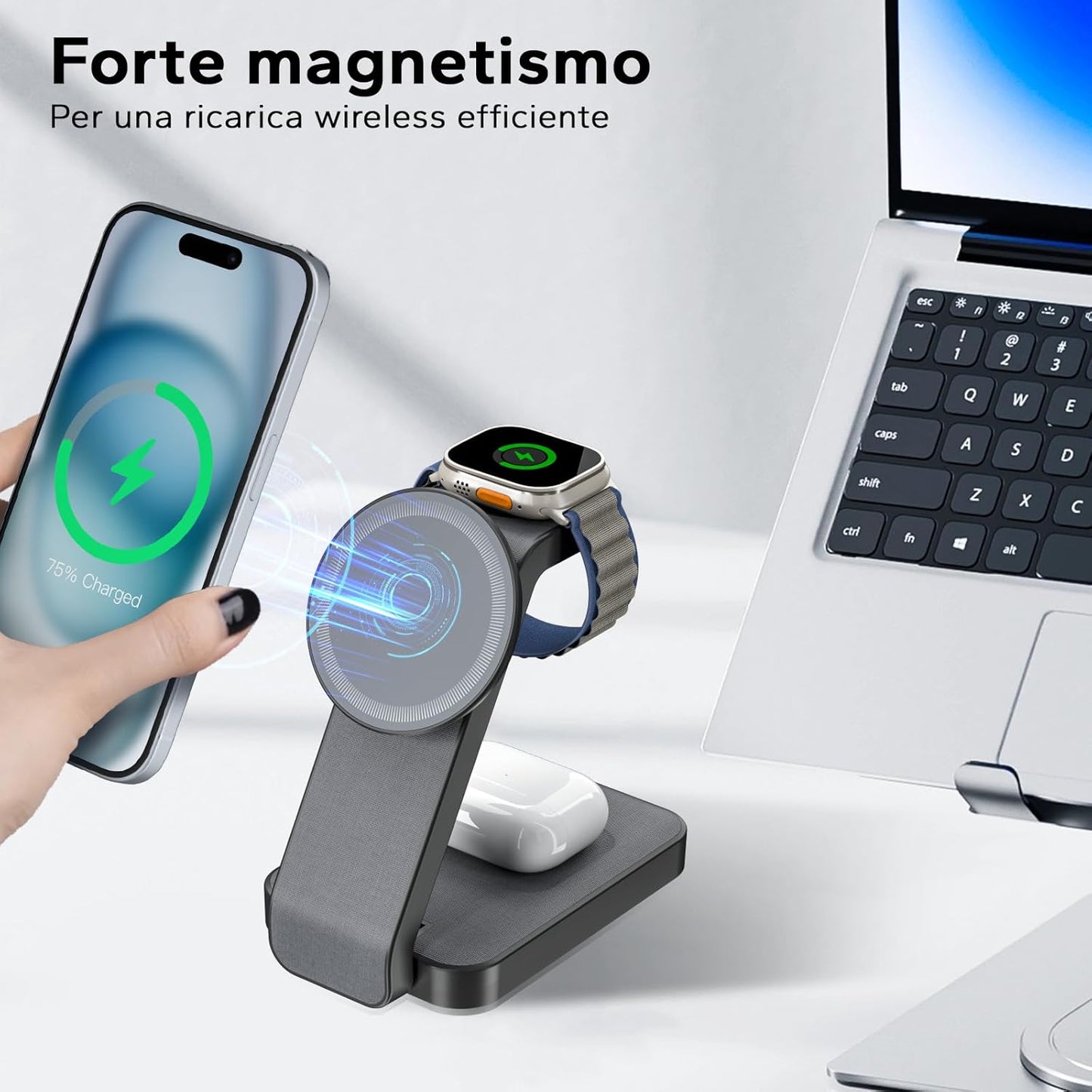 Stazione Di Ricarica Magnetica 3 in 1, Caricabatterie Wireless Pieghevole Stazione Di Ricarica Wireless Compatibile Con Iphone Watch Air-Pods