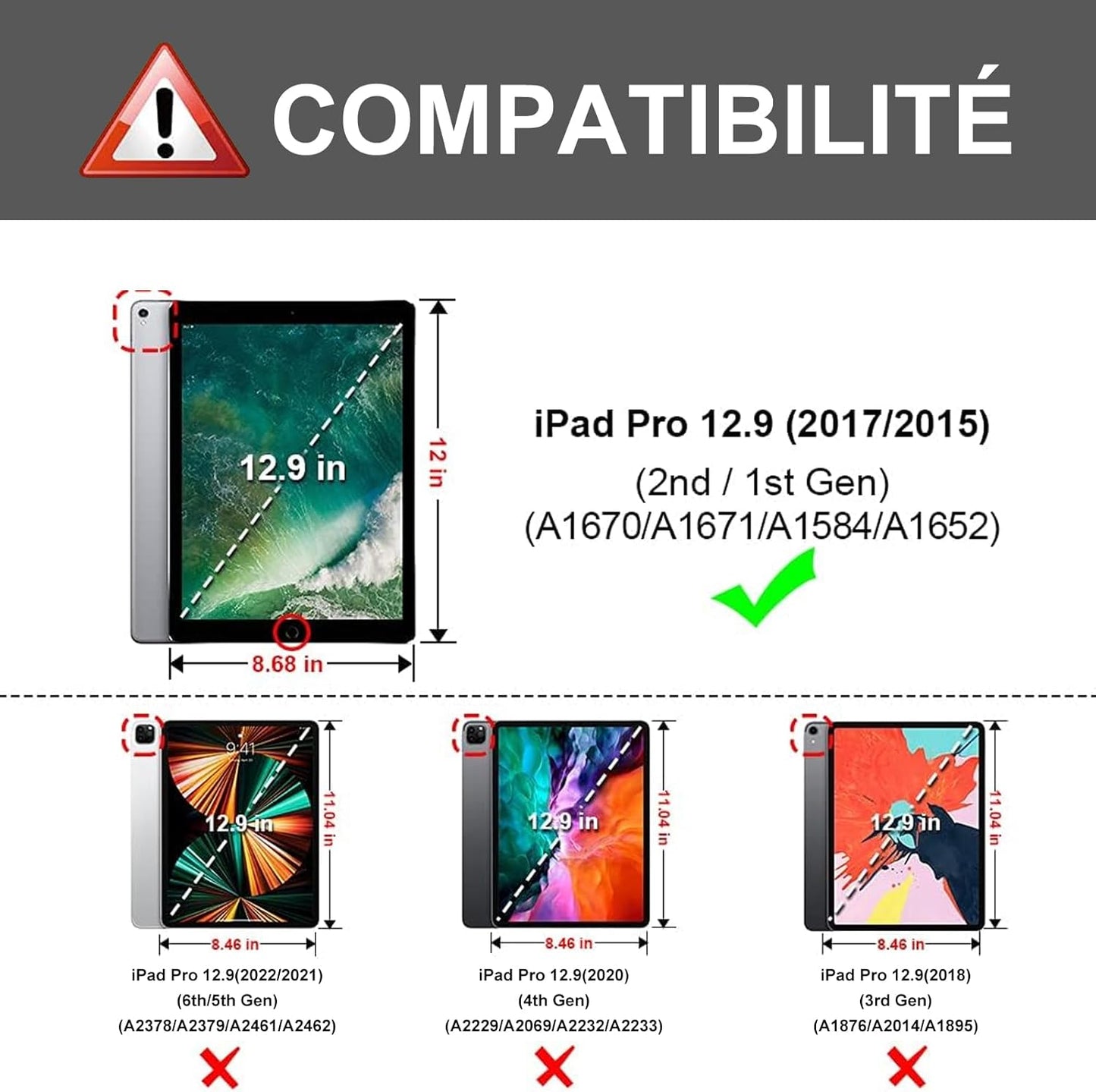 AZERTY - Custodia Tastiera Con Trackpad per Ipad Pro 12.9" 2017/2015 (1°/2° Generazione), Tastiera Bluetooth Rimovibile Con Touchpad per Ipad Pro 12.9" 2017/2015, Colore: Nero