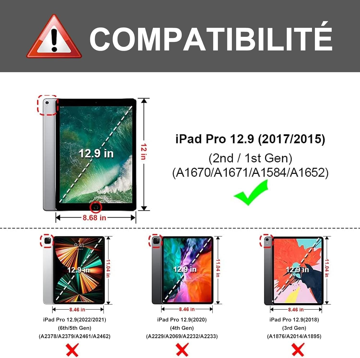 AZERTY - Custodia Tastiera Con Trackpad per Ipad Pro 12.9" 2017/2015 (1°/2° Generazione), Tastiera Bluetooth Rimovibile Con Touchpad per Ipad Pro 12.9" 2017/2015, Colore: Nero