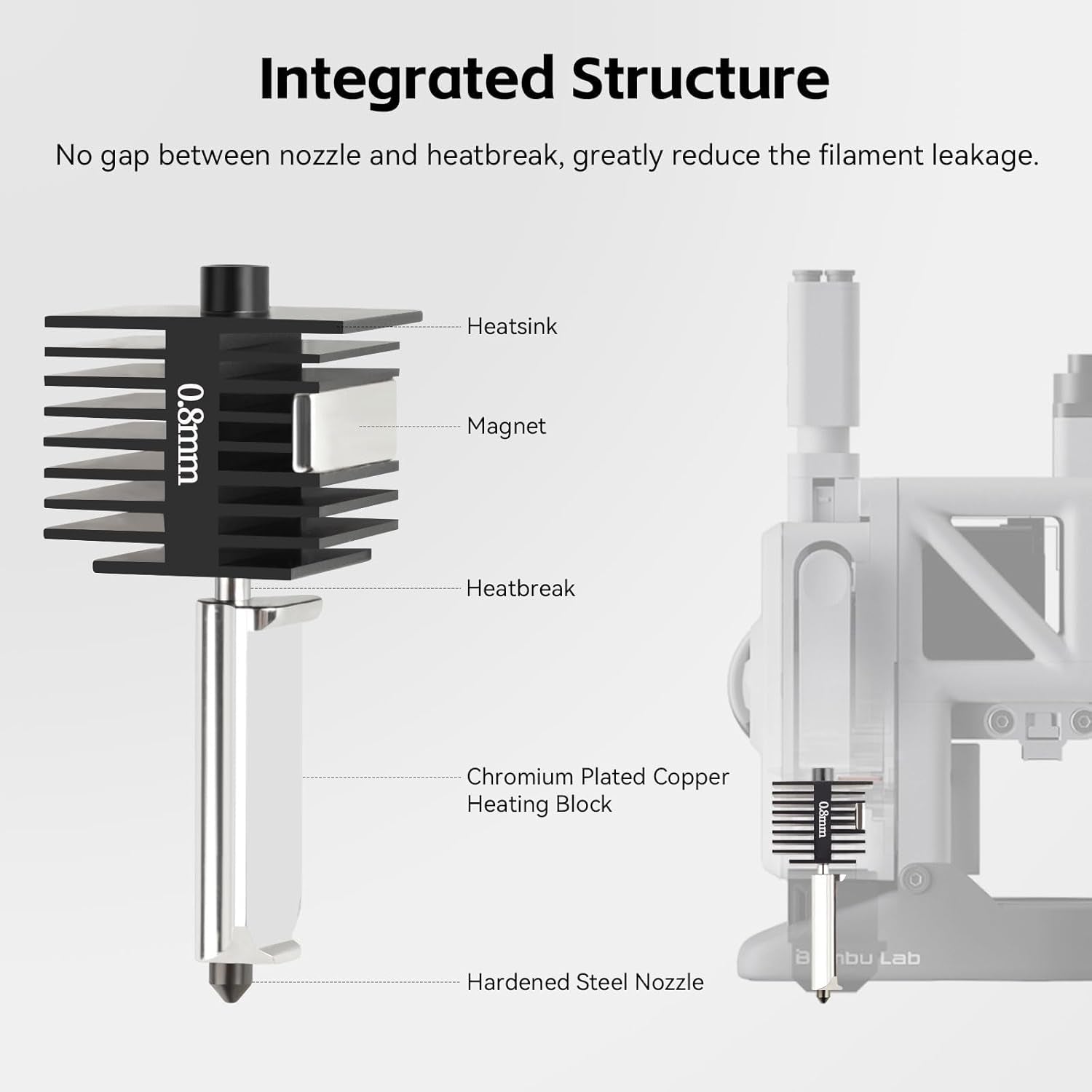 Hotend 0,8Mm High Temp&Fast Speed Ugello Hardened Steel+Chrome Plated Brass Heating Block Con Calza in Silicone Integrated Structure SOLO Compatible with Bambu Lab A1&A1 Mini
